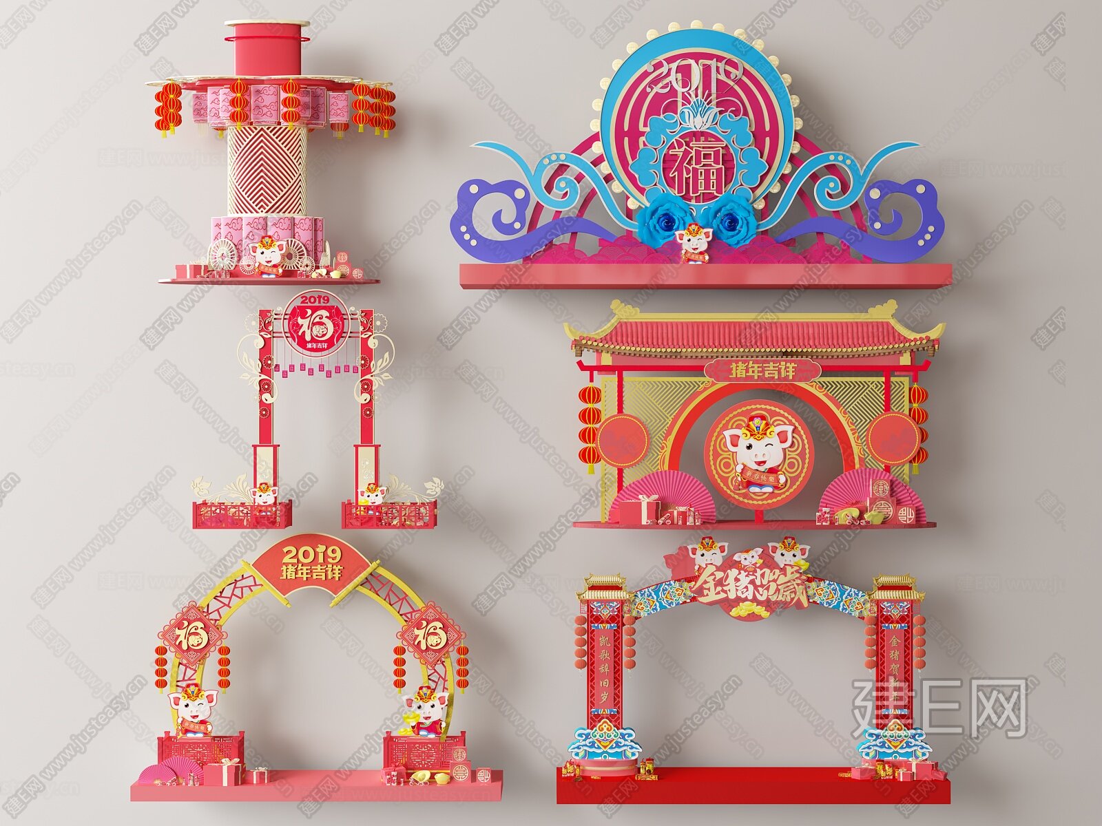 新中式新年美陈 节日美陈3d模型下载[ID:108615316]_建e网3d模型