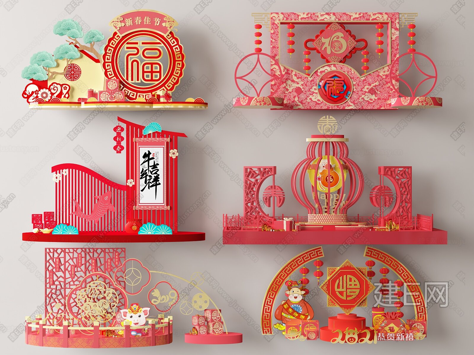 新中式新年美陈 节日美陈3d模型下载[ID:108615412]_建e网3d模型