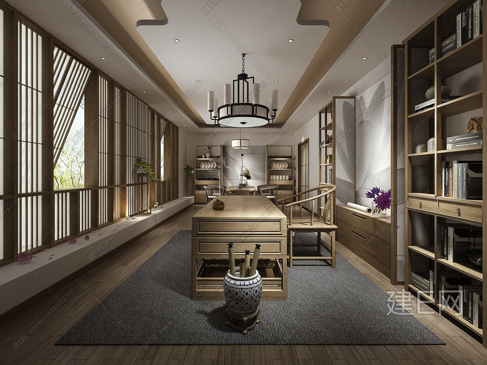 新中式经理办公室3d模型下载[ID:101602886]_建e网3d模型