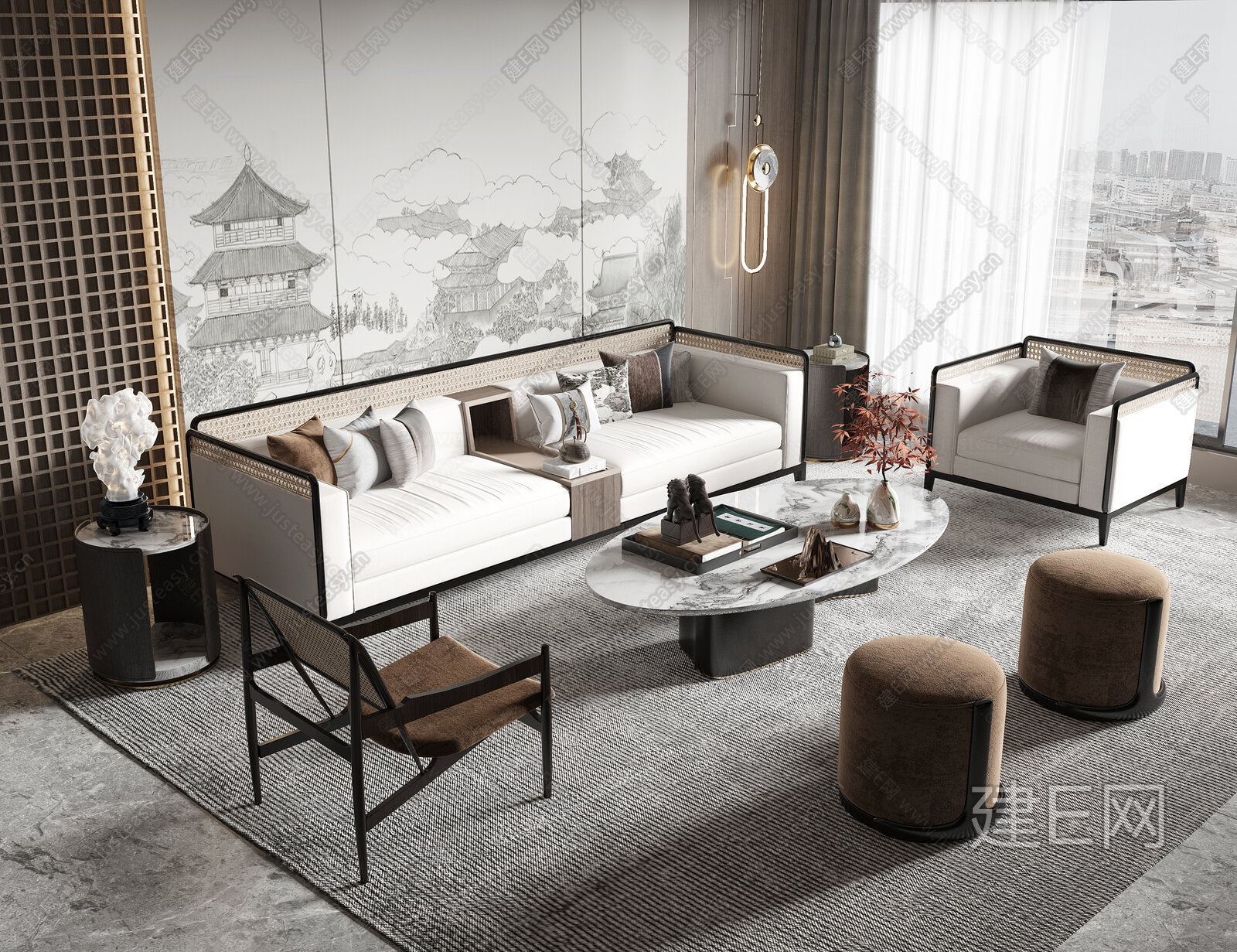 【新中式沙发茶几组合3d模型】建e网_新中式沙发茶几组合3d模型下载[ID:101275249]_打造3d新中式沙发茶几组合模型免费下载平台
