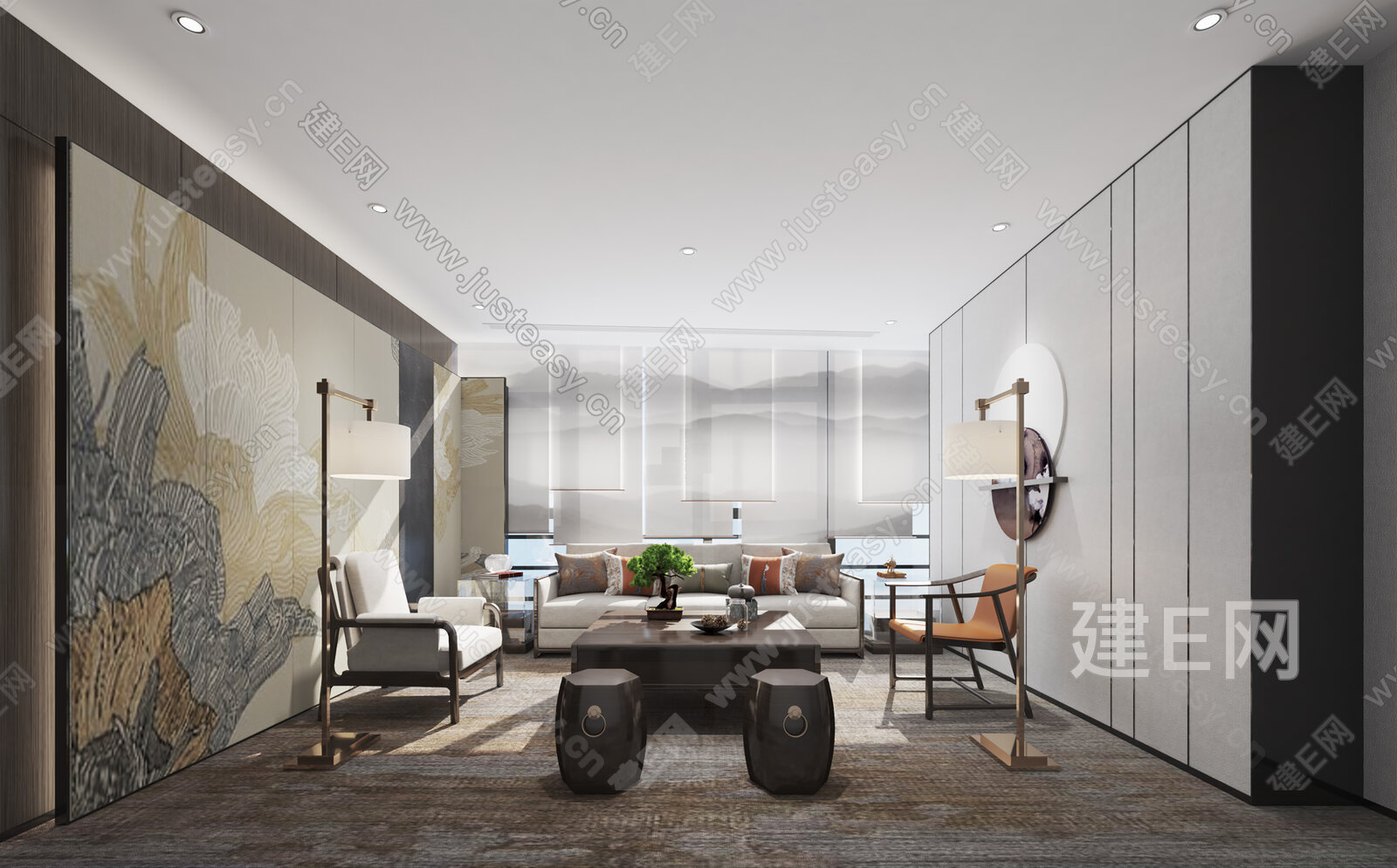 新中式会客厅模型SU模型下载[ID:104943200]_建e网su模型