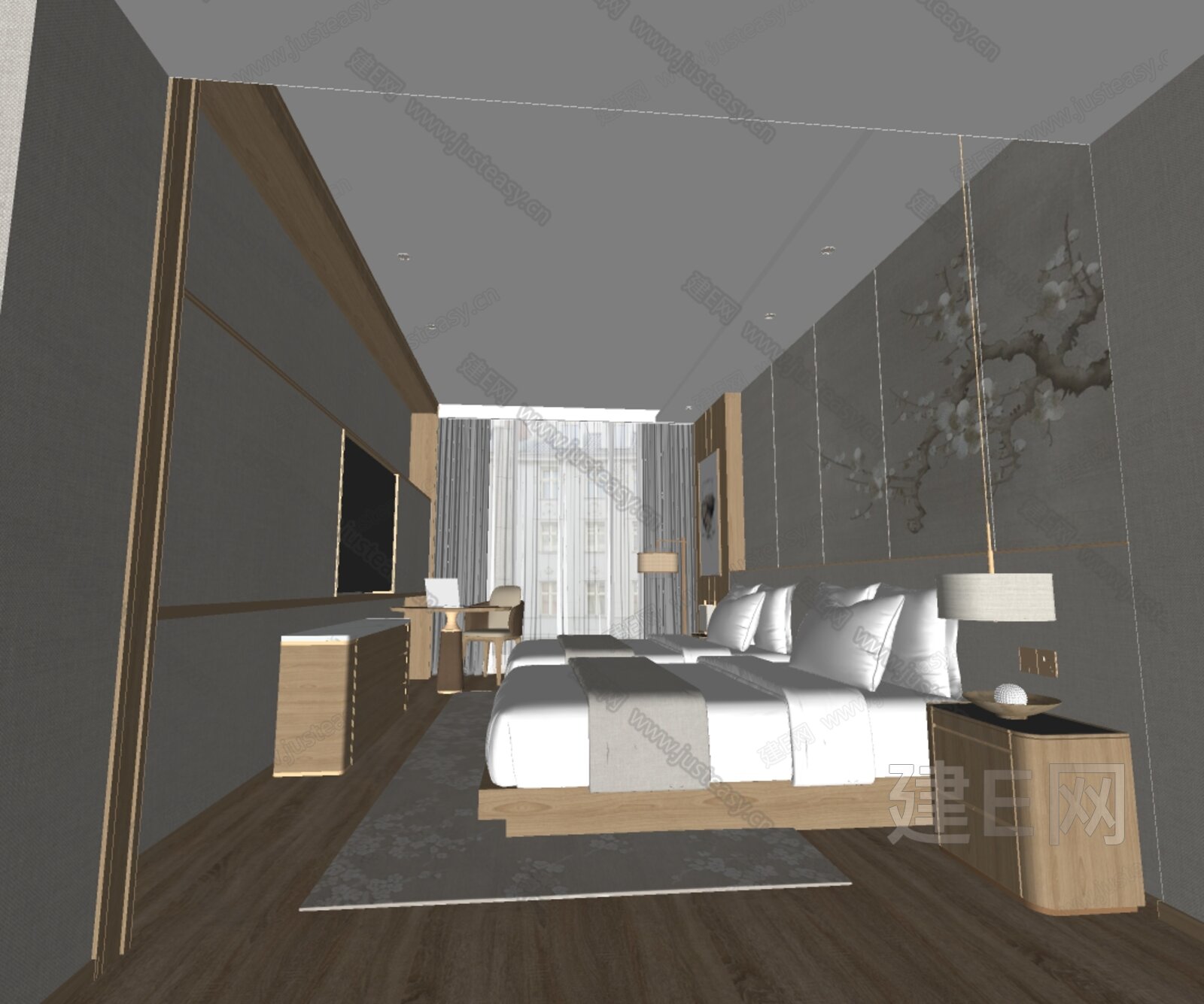 新中式酒店客房模型SU模型下载[ID:105467490]_建e网su模型