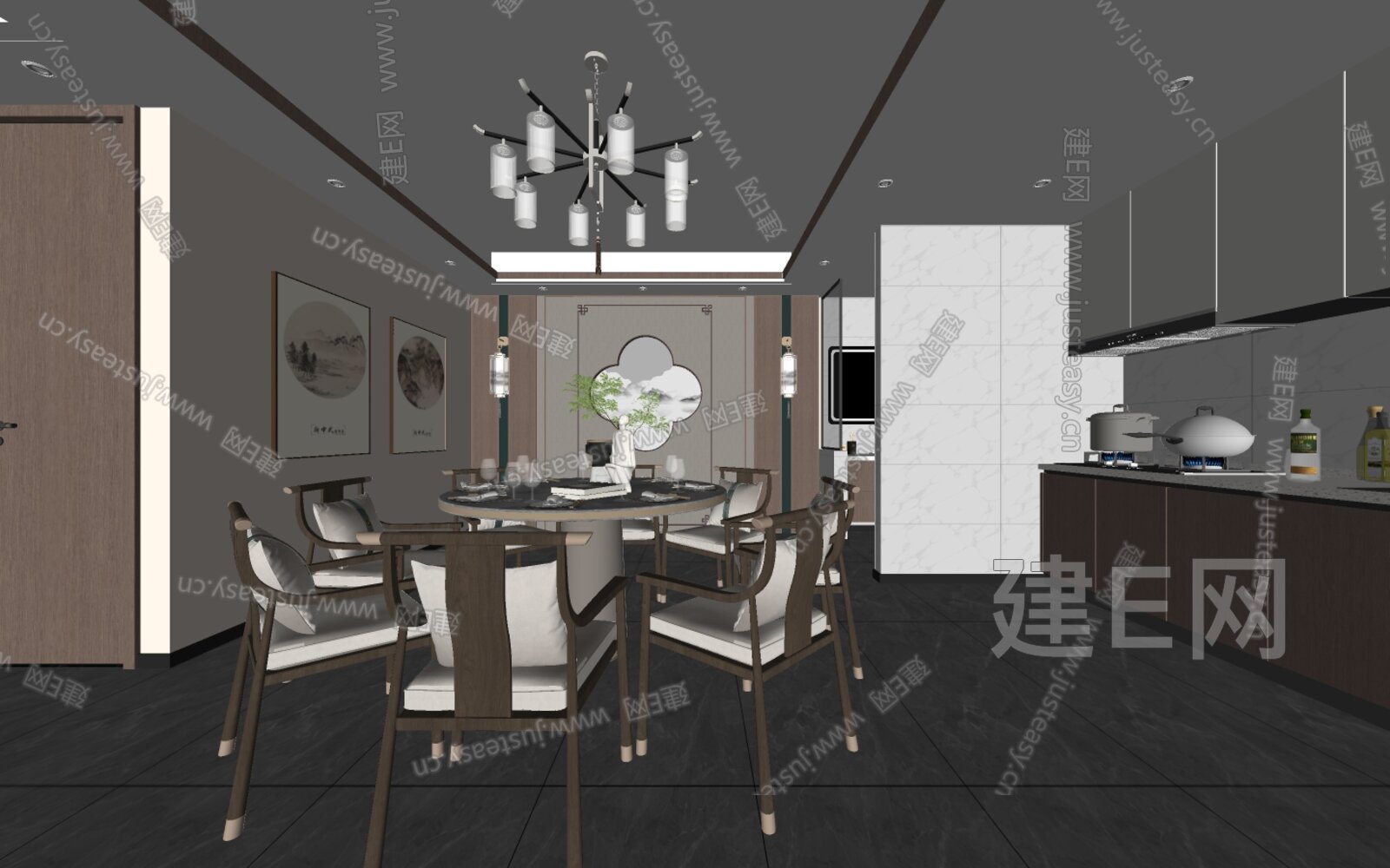 新中式餐厅模型SU模型下载[ID:106843716]_建e网su模型