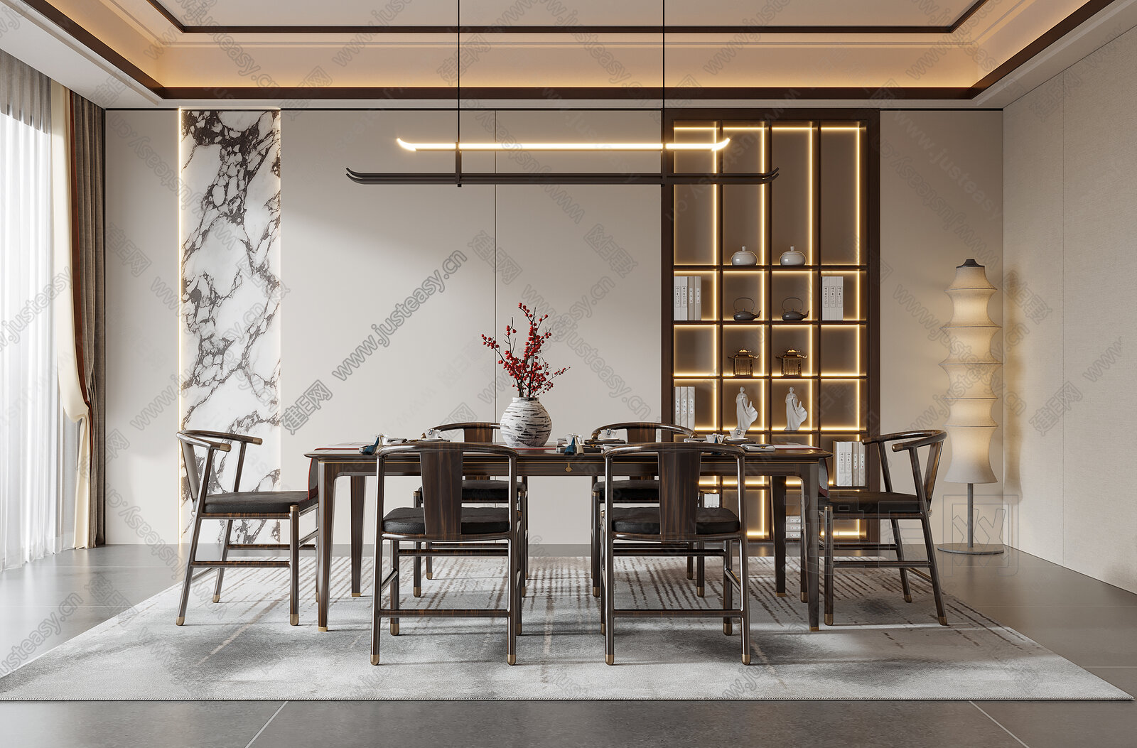 新中式餐厅模型SU模型下载[ID:106450539]_建E室内设计网