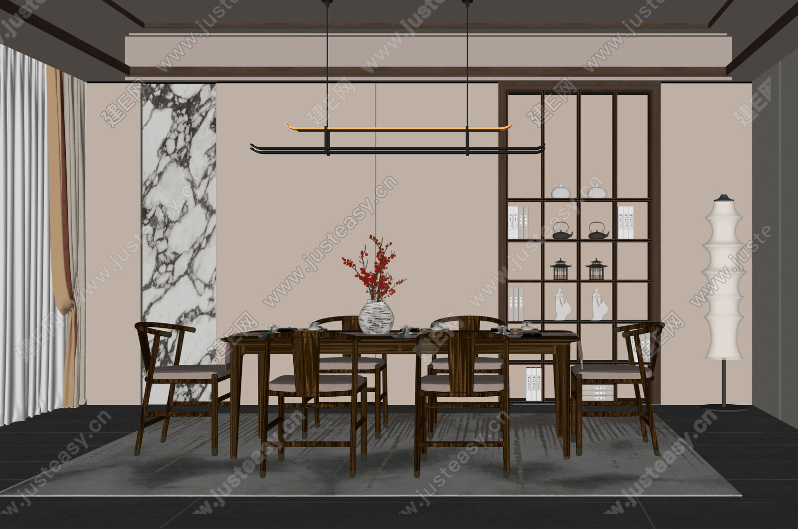 新中式餐厅模型SU模型下载[ID:106450539]_建E室内设计网