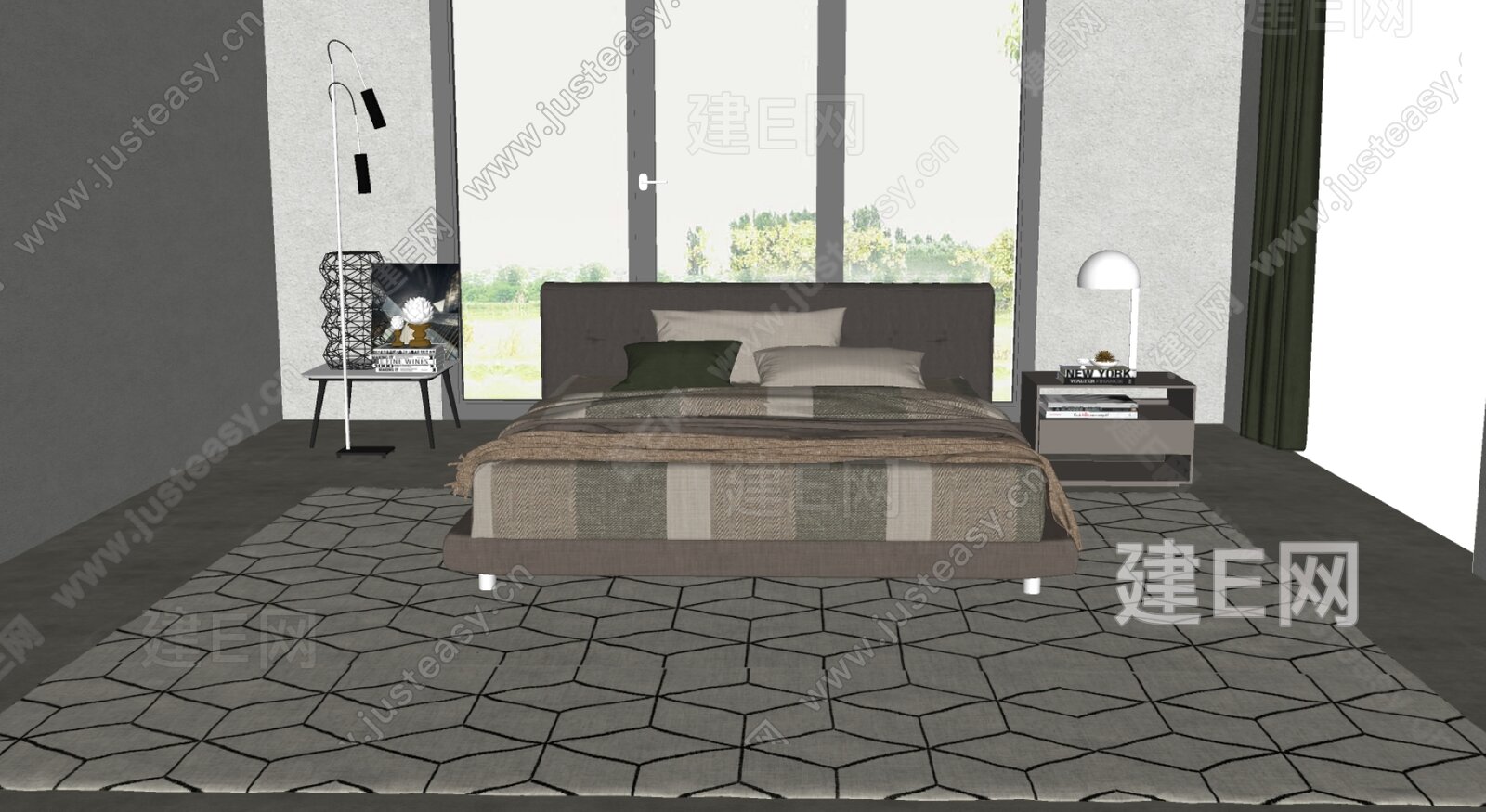 现代双人床模型SU模型下载[ID:106581659]_建E室内设计网