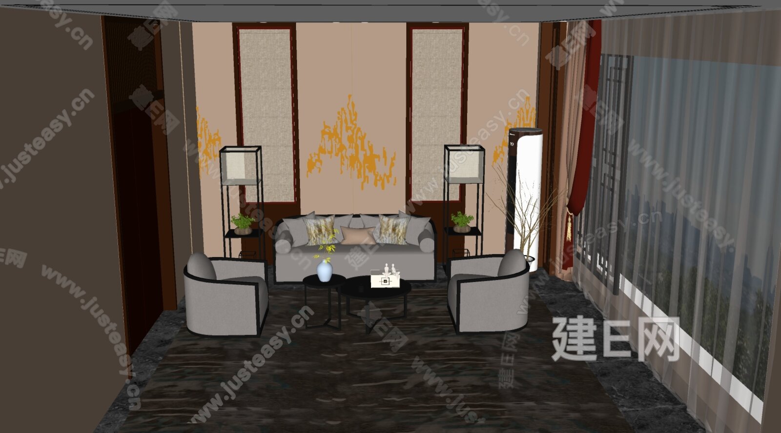 新中式会客厅模型SU模型下载[ID:108219906]_建e网su模型