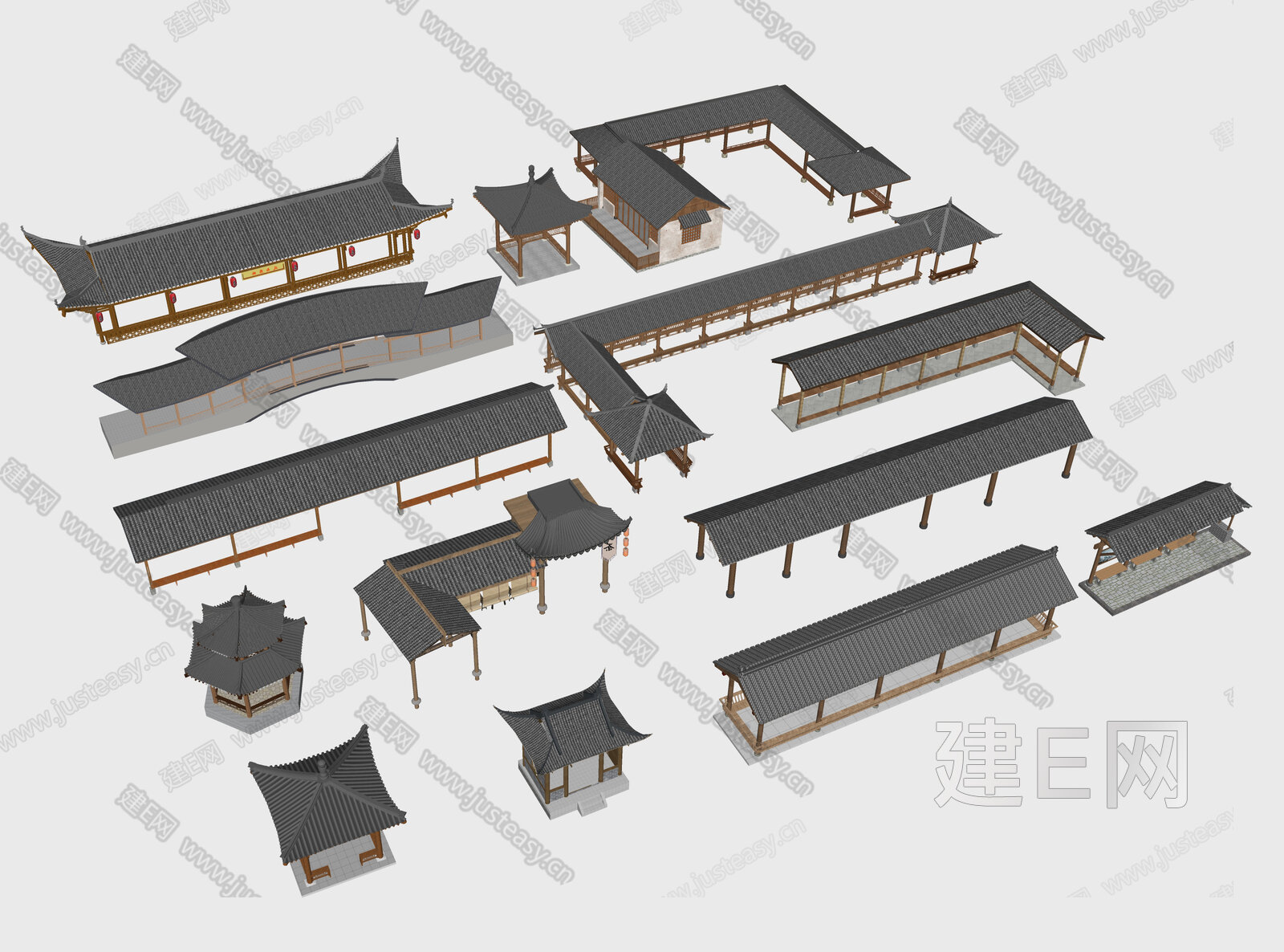 中式廊架 模型SU模型下载[ID:109006427]_建E室内设计网