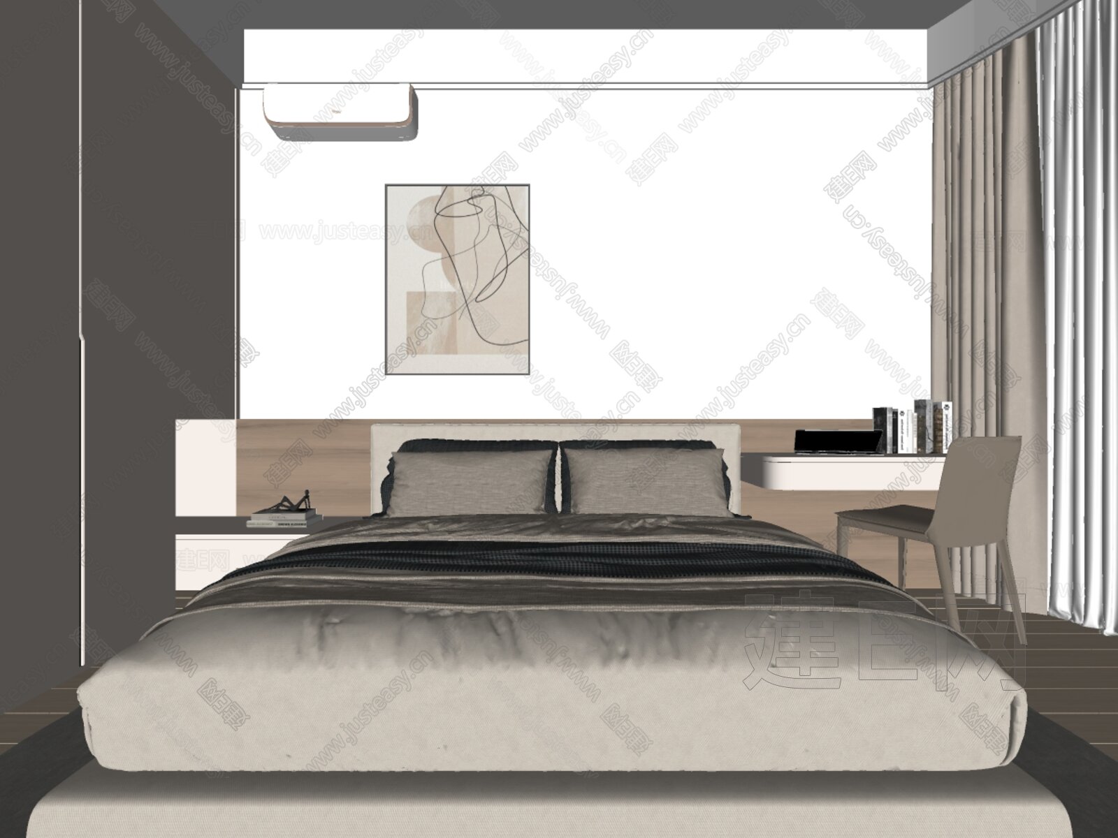 现代奶油风家居卧室模型SU模型下载[ID:101535385]_建E室内设计网