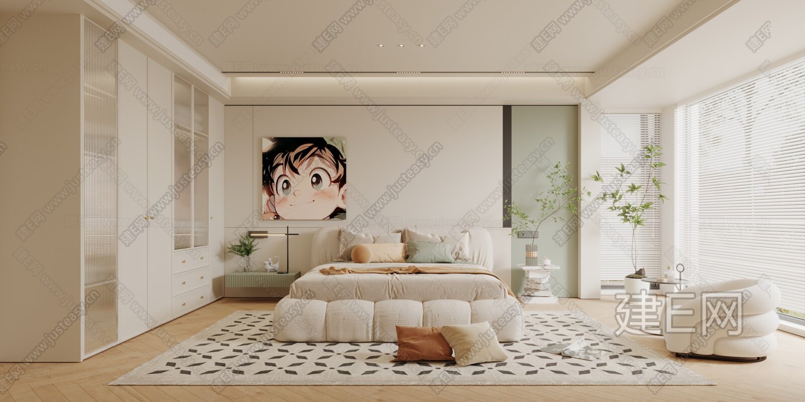 现代奶油风卧室模型SU模型下载[ID:103763696]_建e网su模型