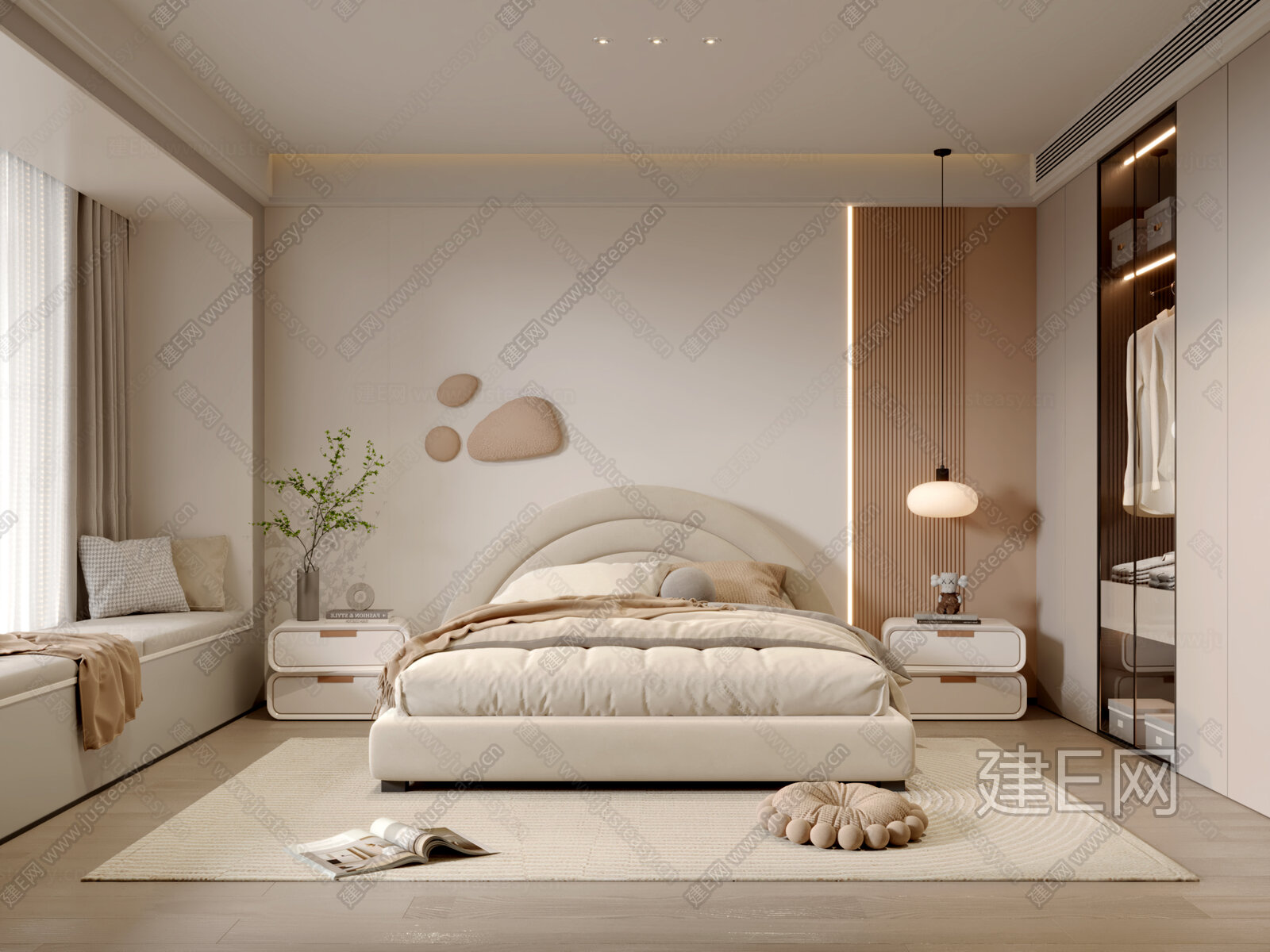 【现代奶油风卧室3d模型】建e网_现代奶油风卧室3d模型下载[ID:109073938]_打造3d现代奶油风卧室模型免费下载平台