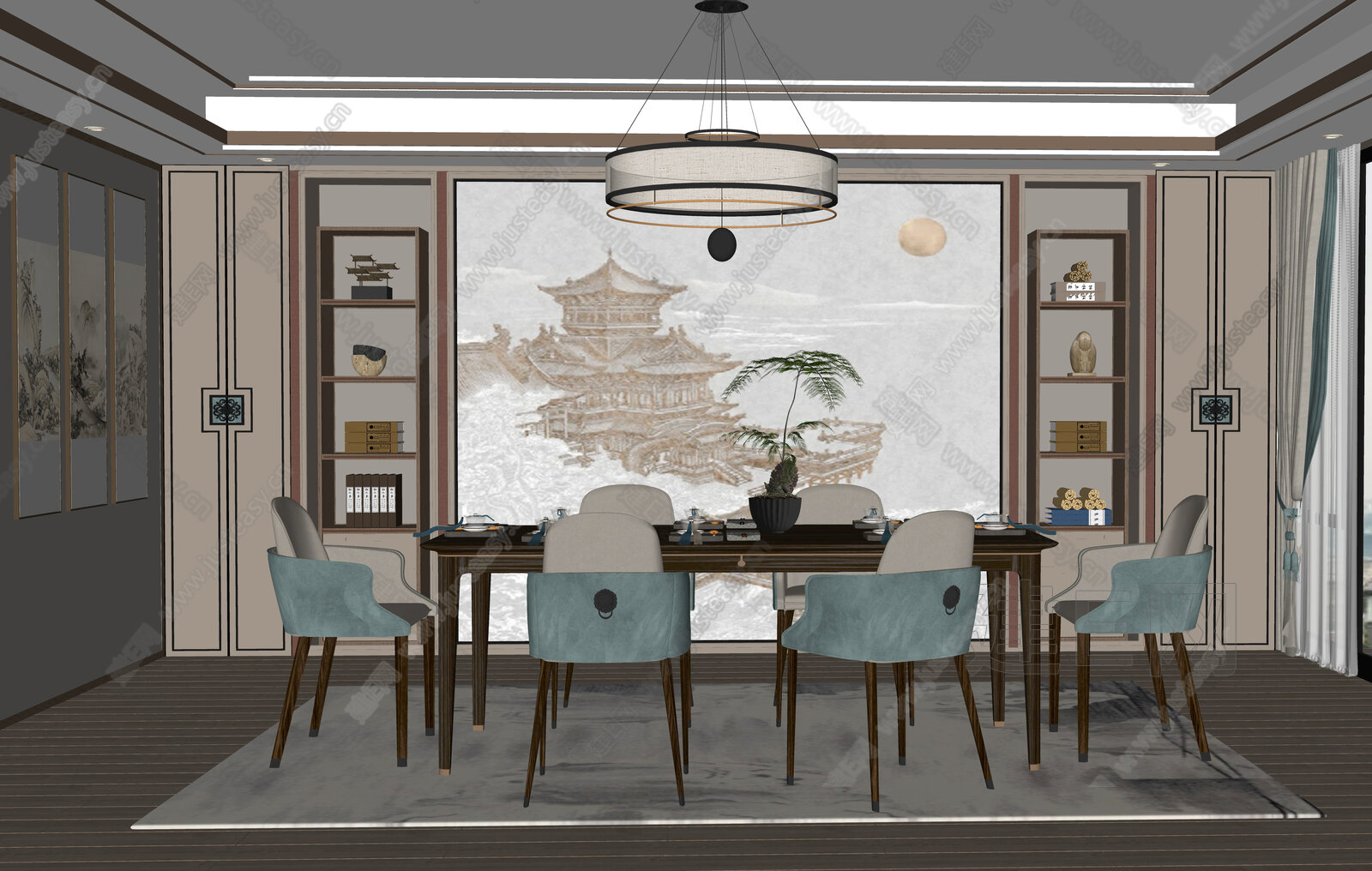 新中式餐厅模型SU模型下载[ID:104549996]_建e网su模型