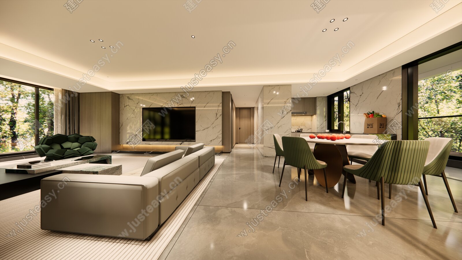 现代极简客餐厅模型SU模型下载[ID:113397491]_建E室内设计网
