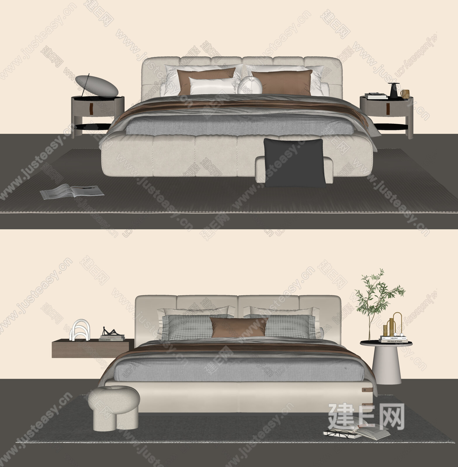 现代奶油风双人床模型SU模型下载[ID:113856142]_建E室内设计网