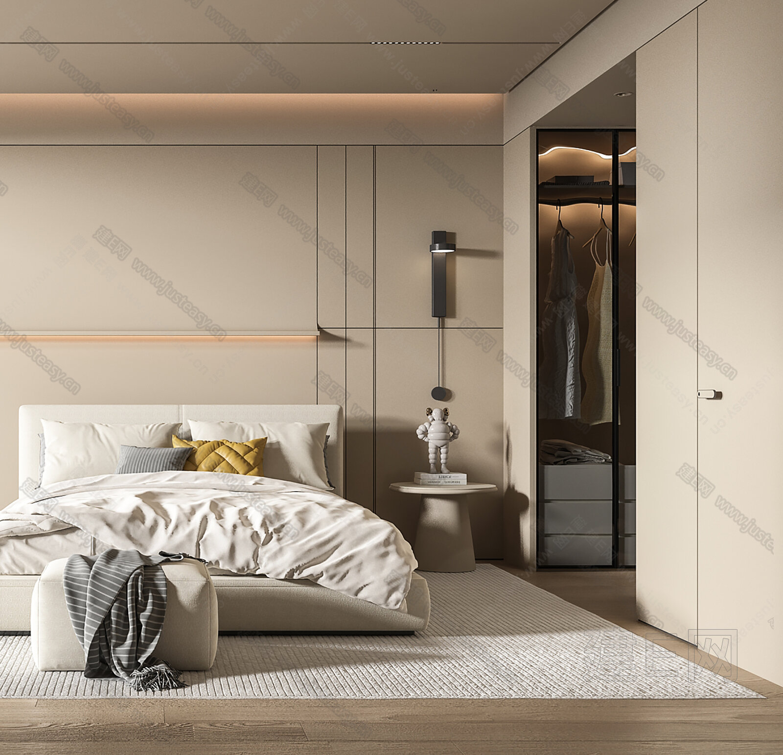 【现代奶油风卧室3d模型】建E网_现代奶油风卧室3d模型下载[ID:110188195]_打造3d现代奶油风卧室模型免费下载平台