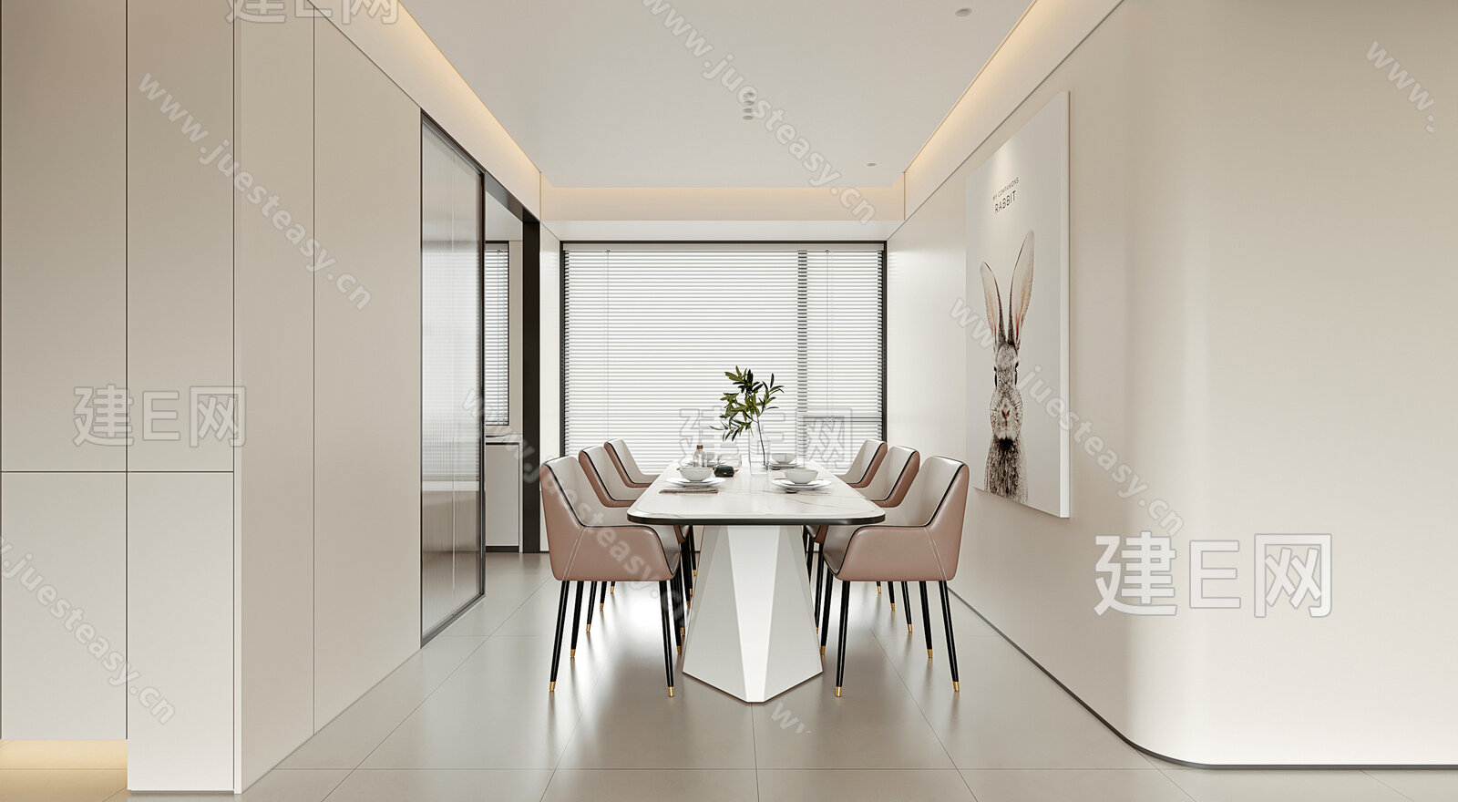 现代奶油风客餐厅3d模型下载[ID:111302391]_建e网3d模型