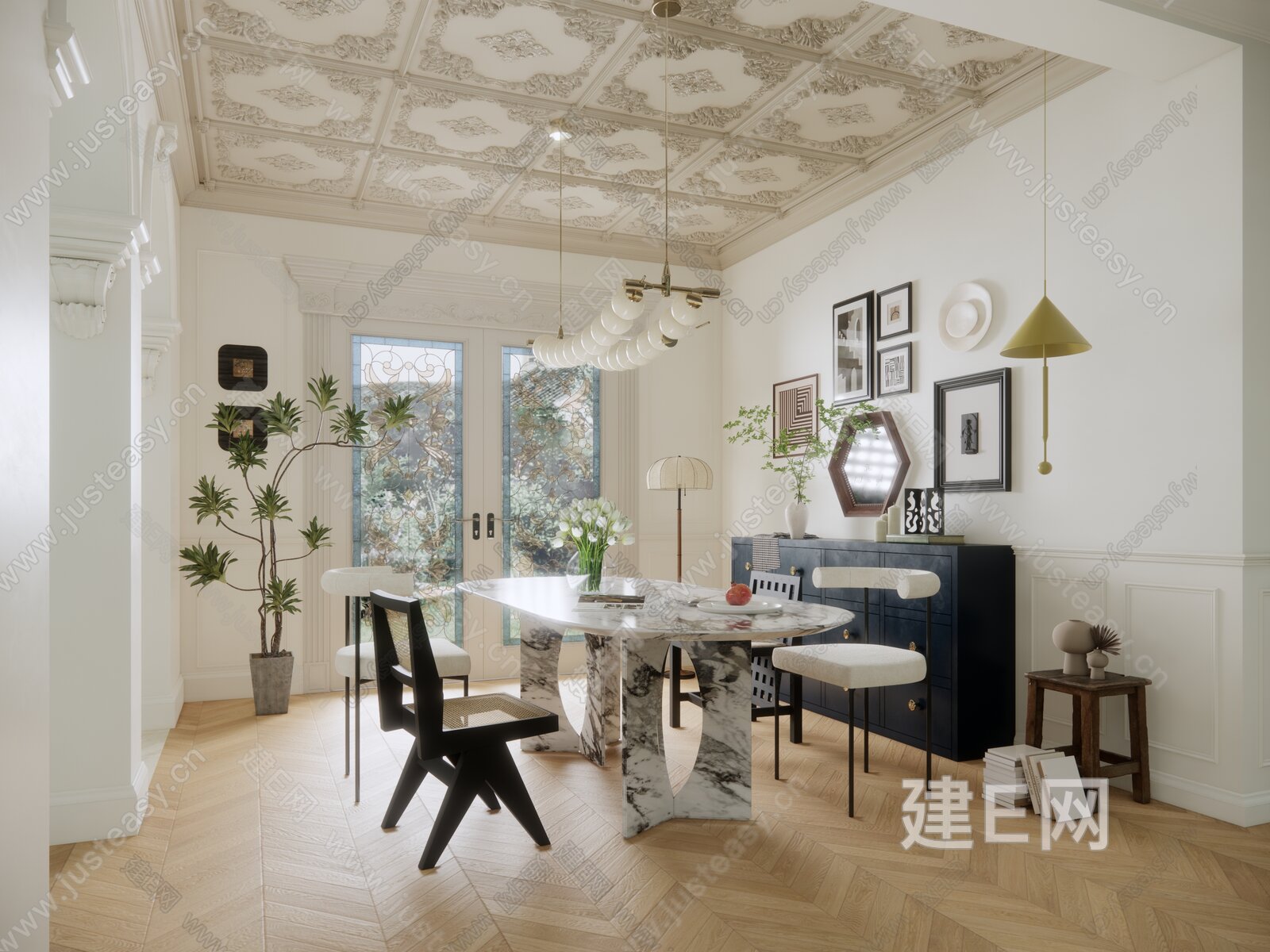 法式中古奶油风餐厅模型SU模型下载[ID:115756739]_建e网su模型