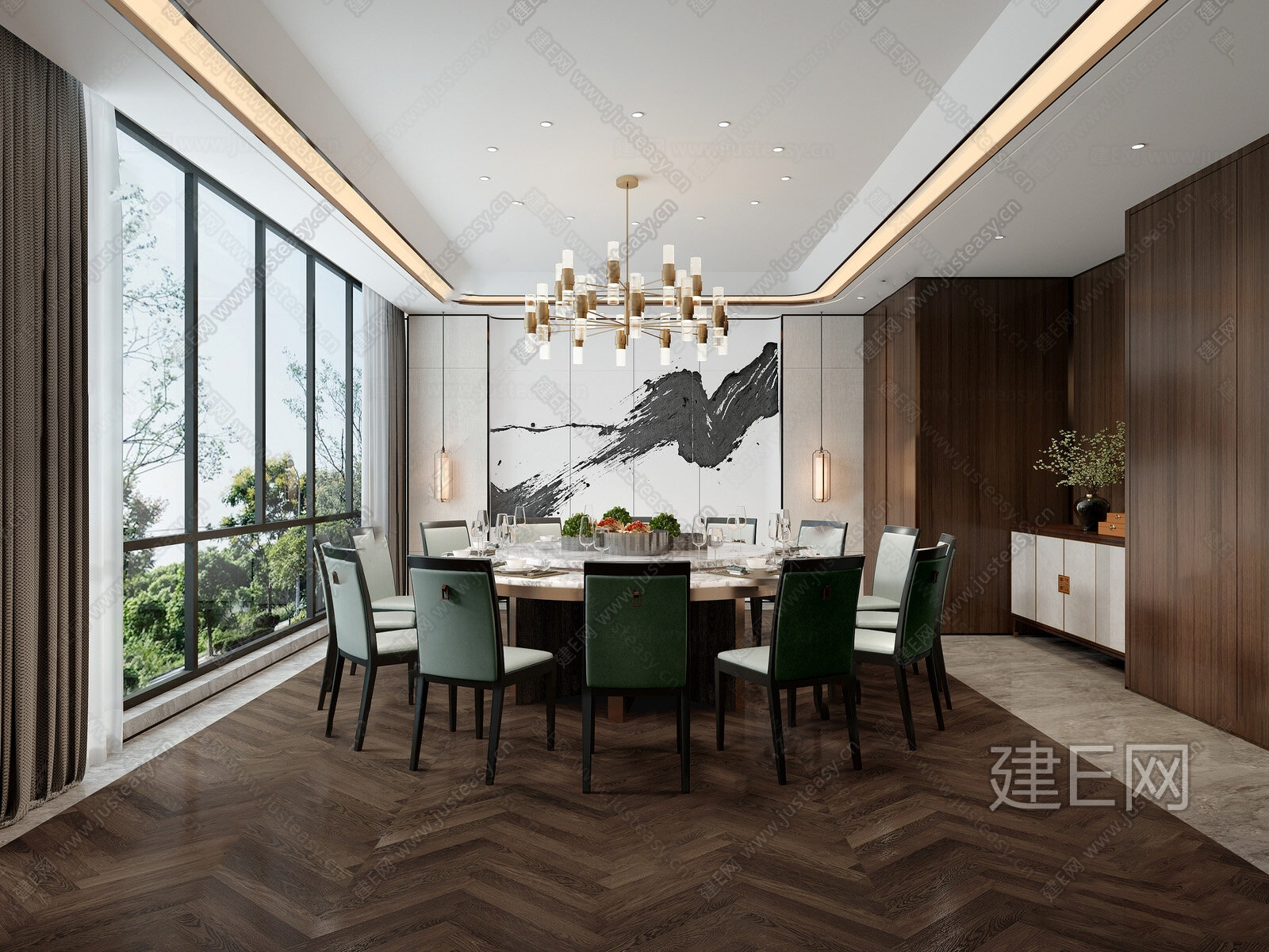 【新中式餐厅包间3d模型】建e网_新中式餐厅包间3d模型下载[ID:112416446]_打造3d新中式餐厅包间模型免费下载平台