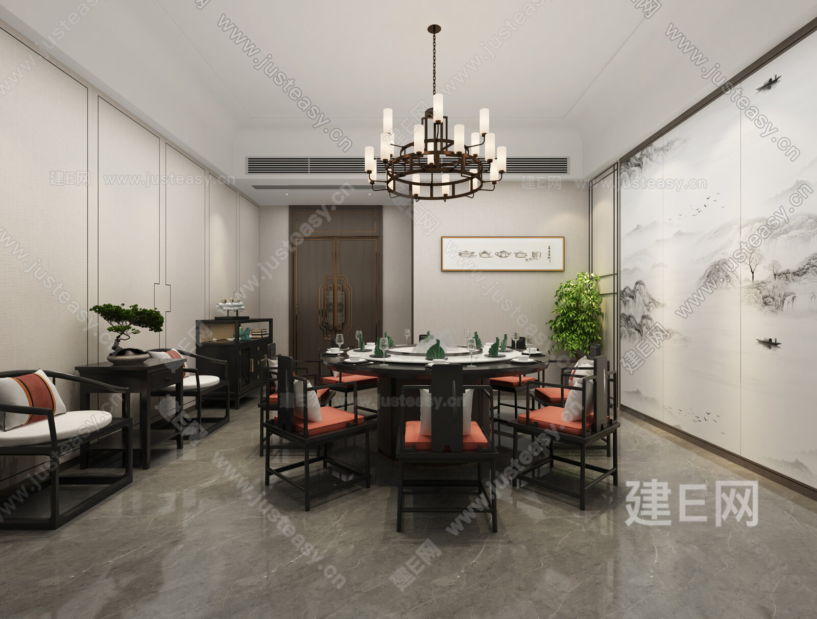 新中式餐厅包间3d模型下载[ID:113071867]_建e网3d模型