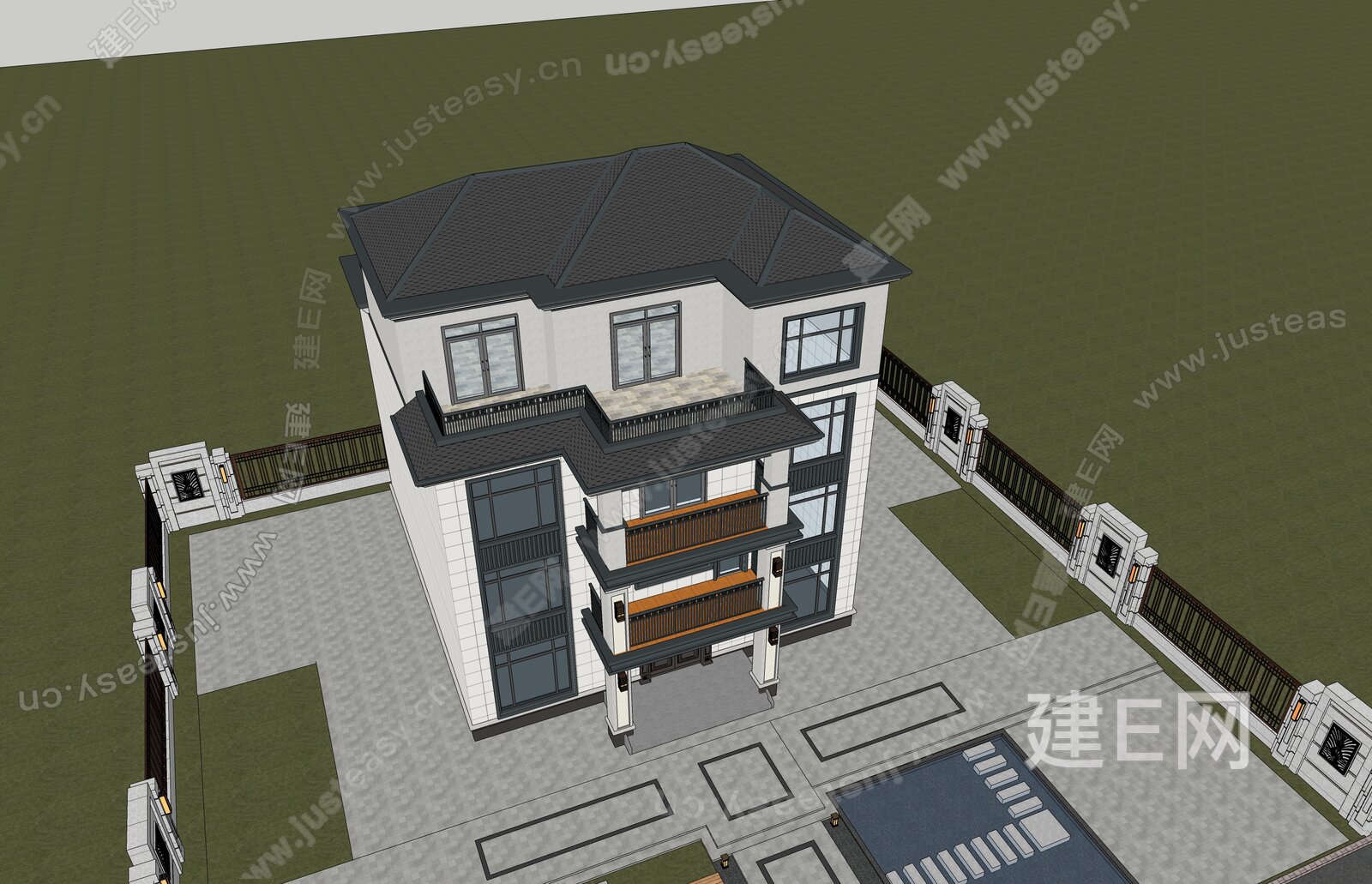 新中式别墅模型SU模型下载[ID:116543124]_建e网su模型