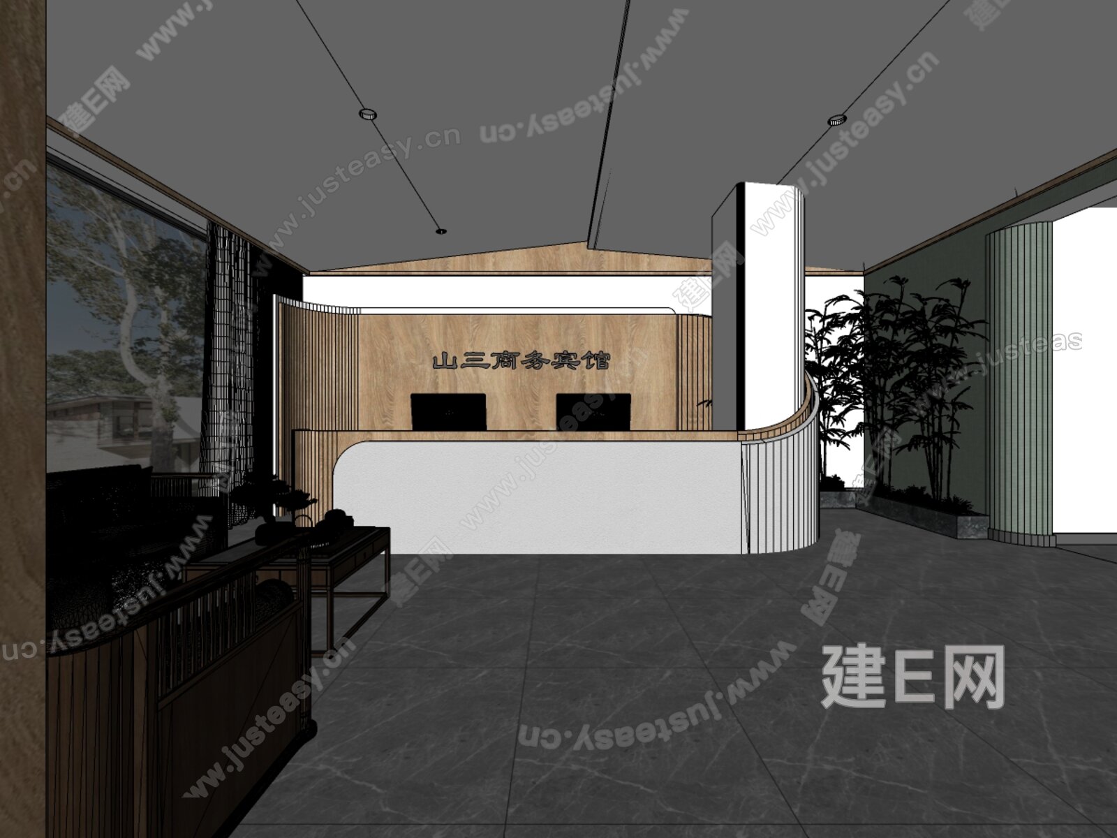 新中式宾馆前台模型SU模型下载[ID:117395033]_建E室内设计网