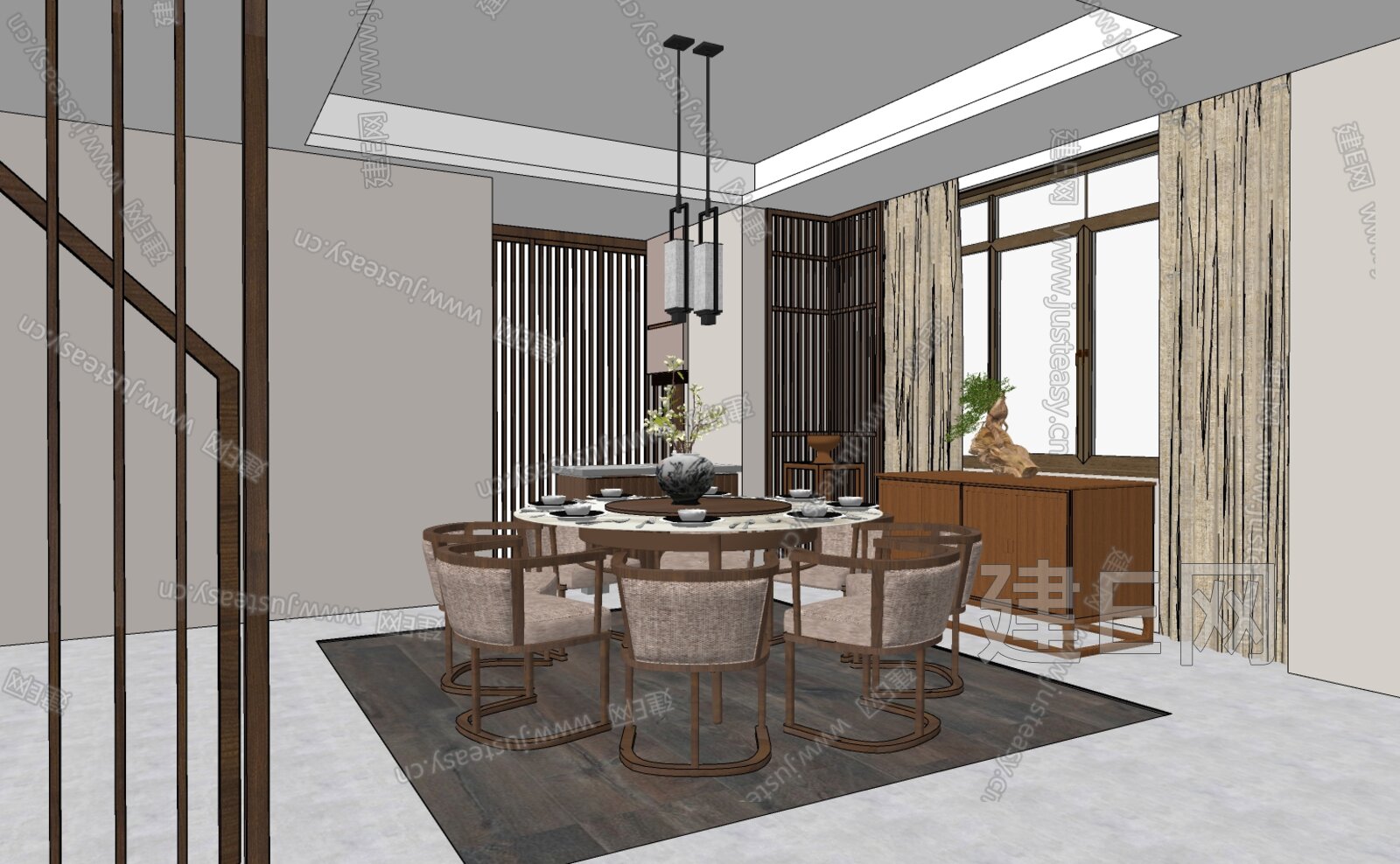 新中式餐厅模型SU模型下载[ID:117329409]_建e网su模型