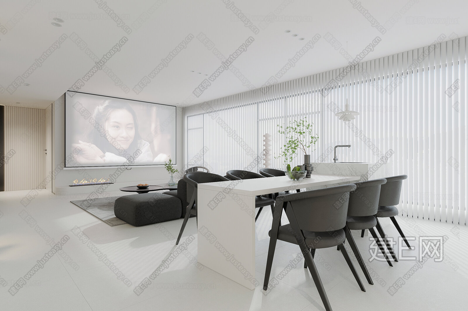 现代极简客餐厅模型SU模型下载[ID:109072107]_建e网su模型