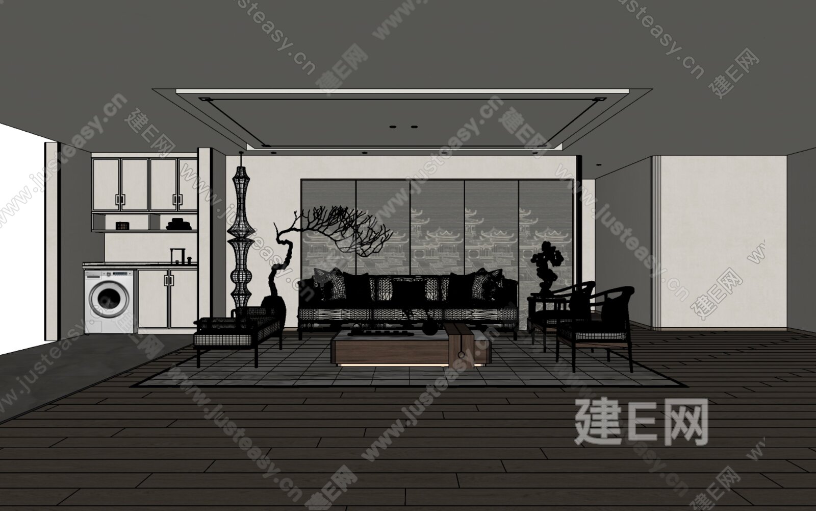 新中式客厅模型SU模型下载[ID:109465310]_建E室内设计网