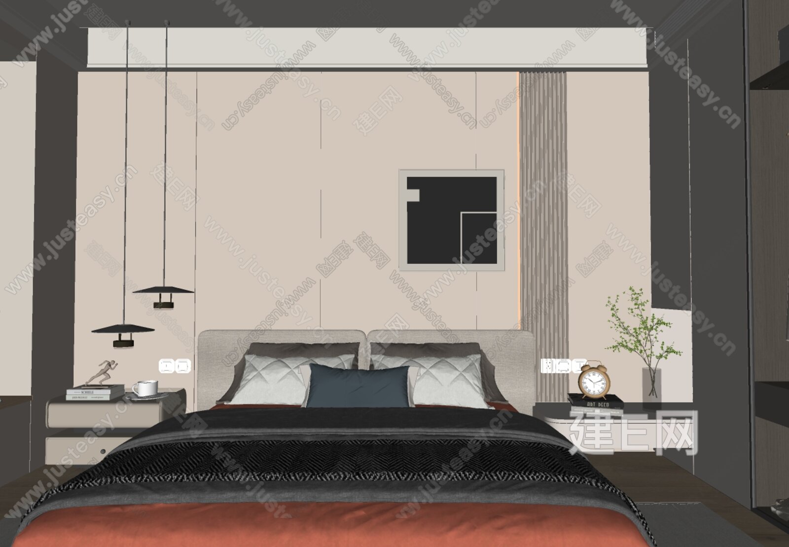 现代奶油风家居卧室模型SU模型下载[ID:110054957]_建e网su模型