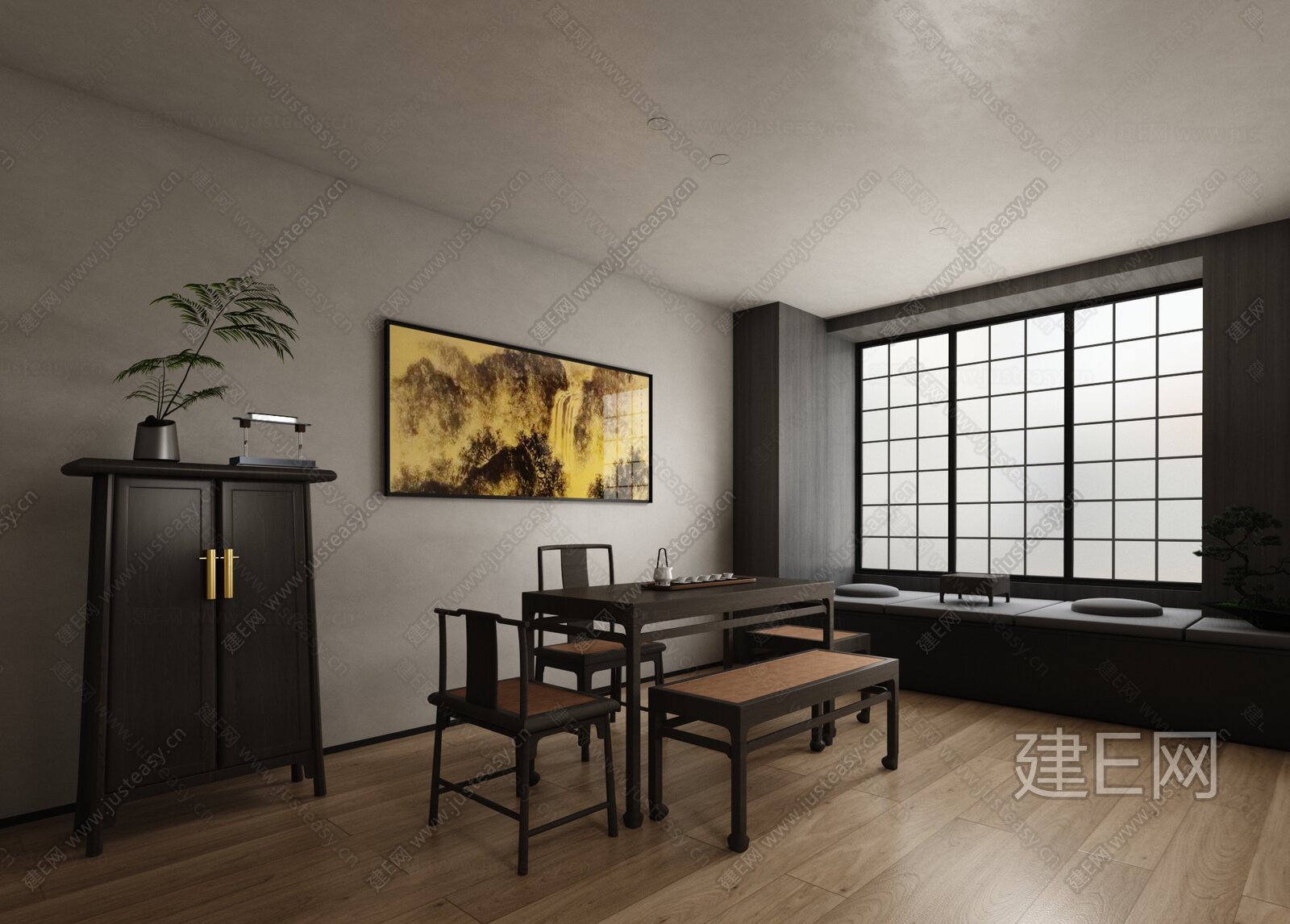 里外空间设计 新中式茶室模型SU模型下载[ID:111627821]_建E室内设计网