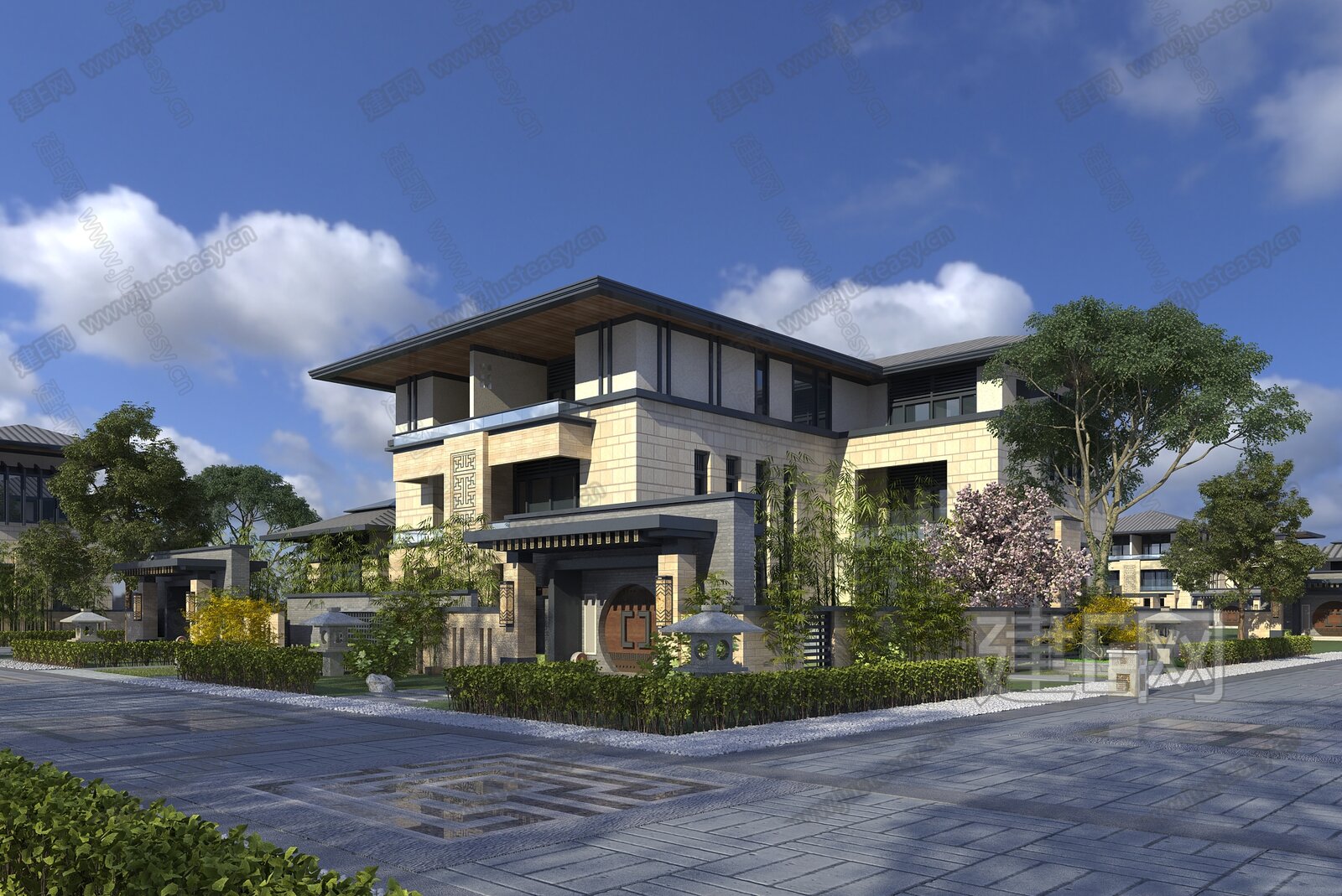 新中式双拼别墅模型SU模型下载[ID:110513875]_建E室内设计网