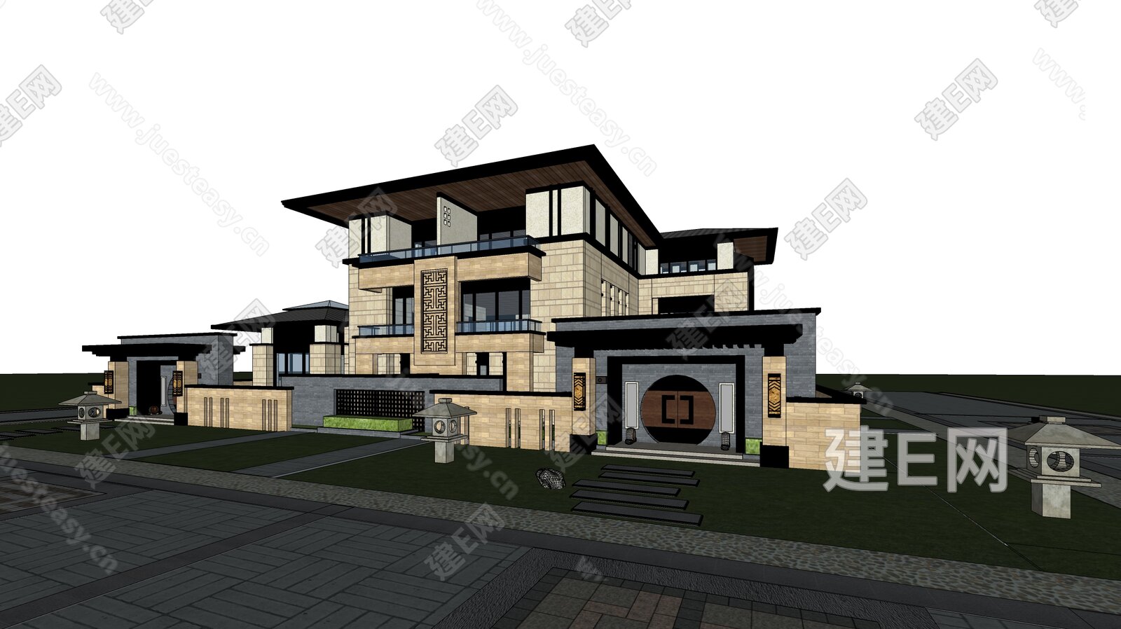 新中式双拼别墅模型SU模型下载[ID:110513875]_建E室内设计网