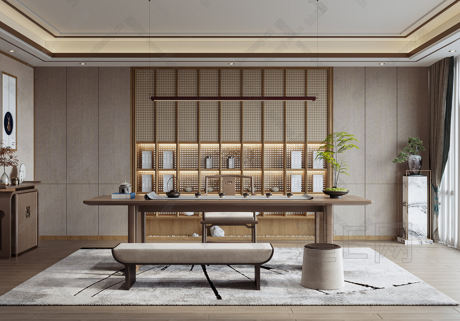 新中式茶室模型SU模型下载[ID:110120460]_建E室内设计网