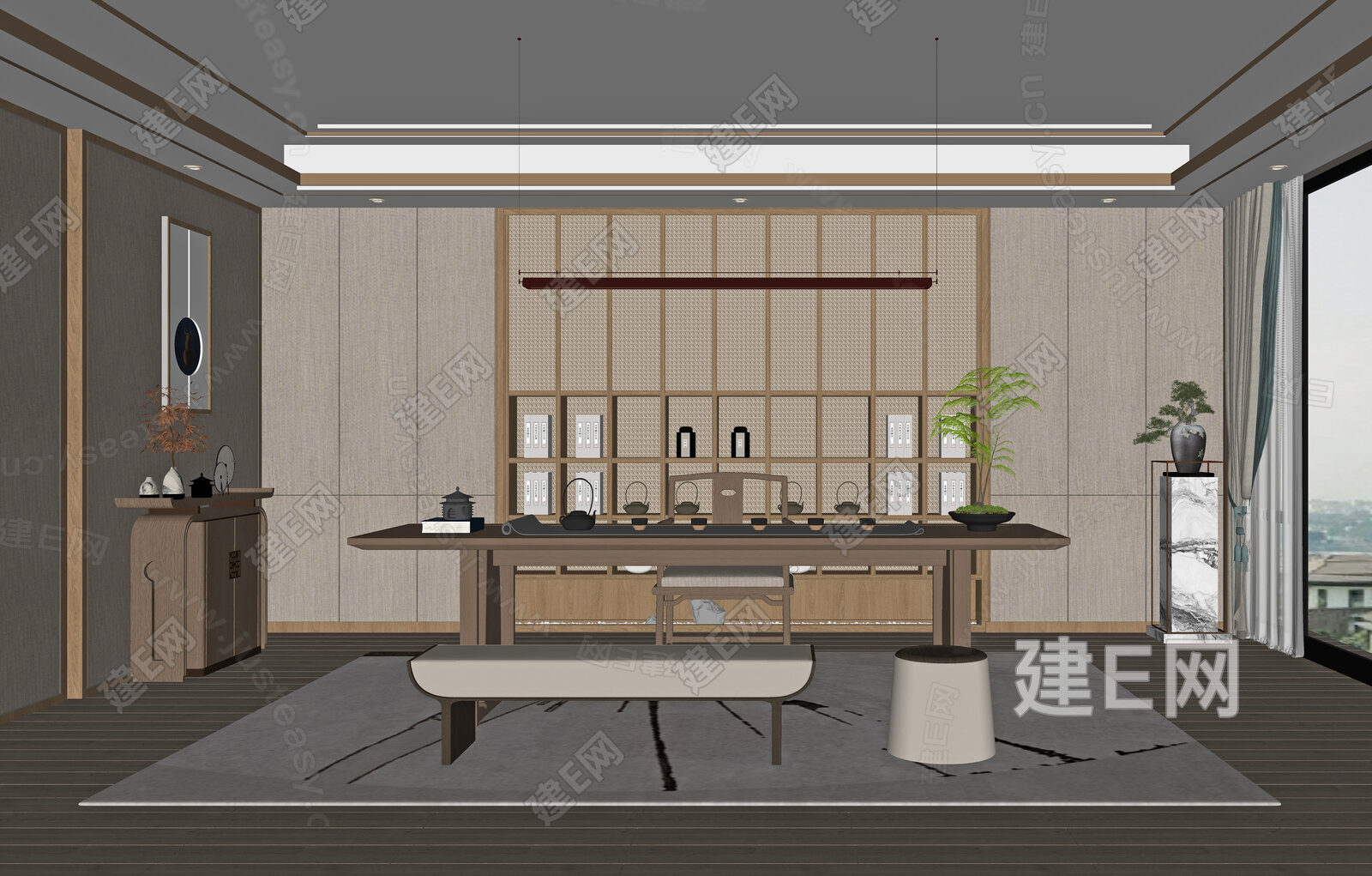 新中式茶室模型SU模型下载[ID:110120460]_建E室内设计网