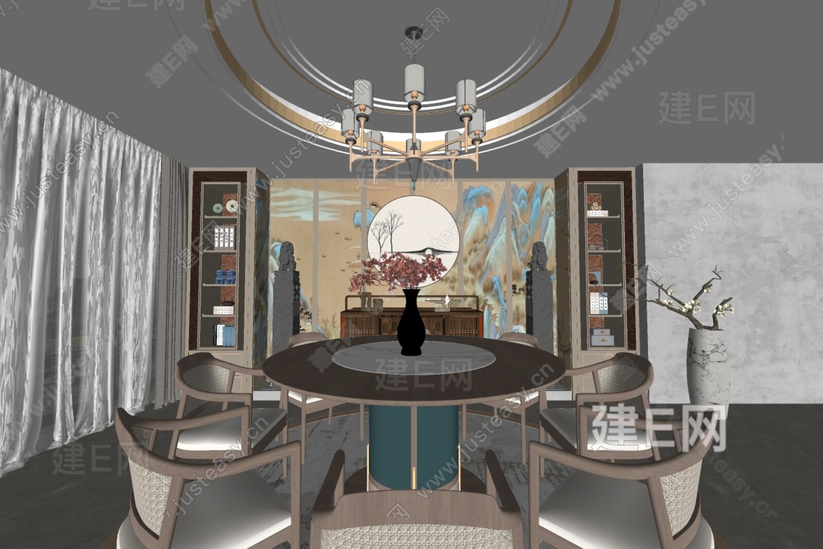 新中式餐厅模型SU模型下载[ID:110120558]_建E室内设计网