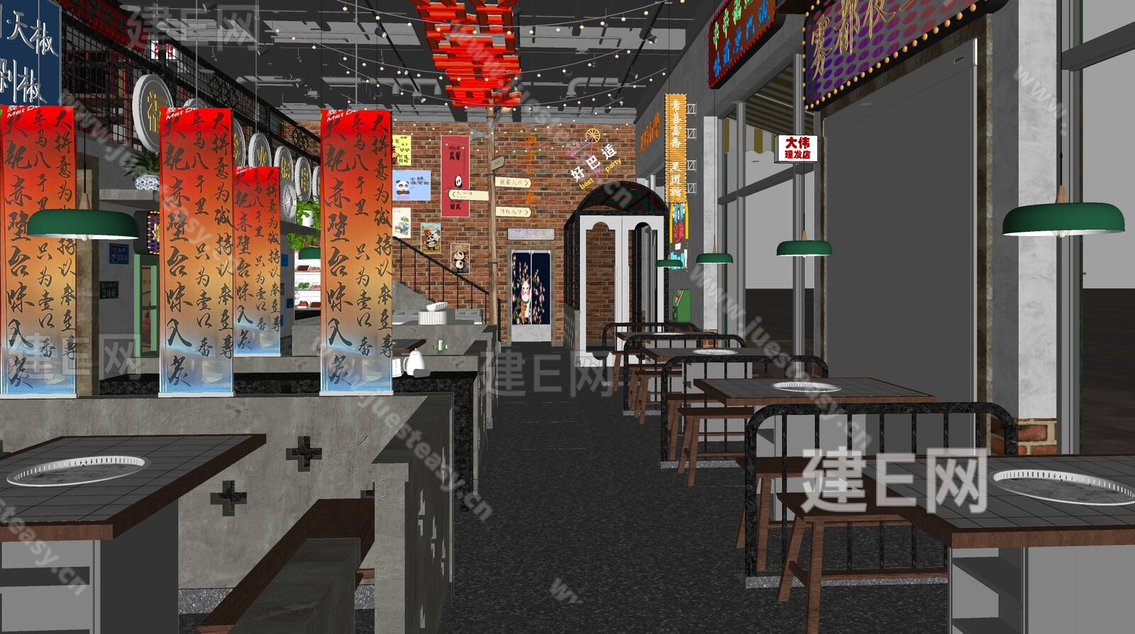新中式火锅店模型SU模型下载[ID:111496828]_建e网su模型