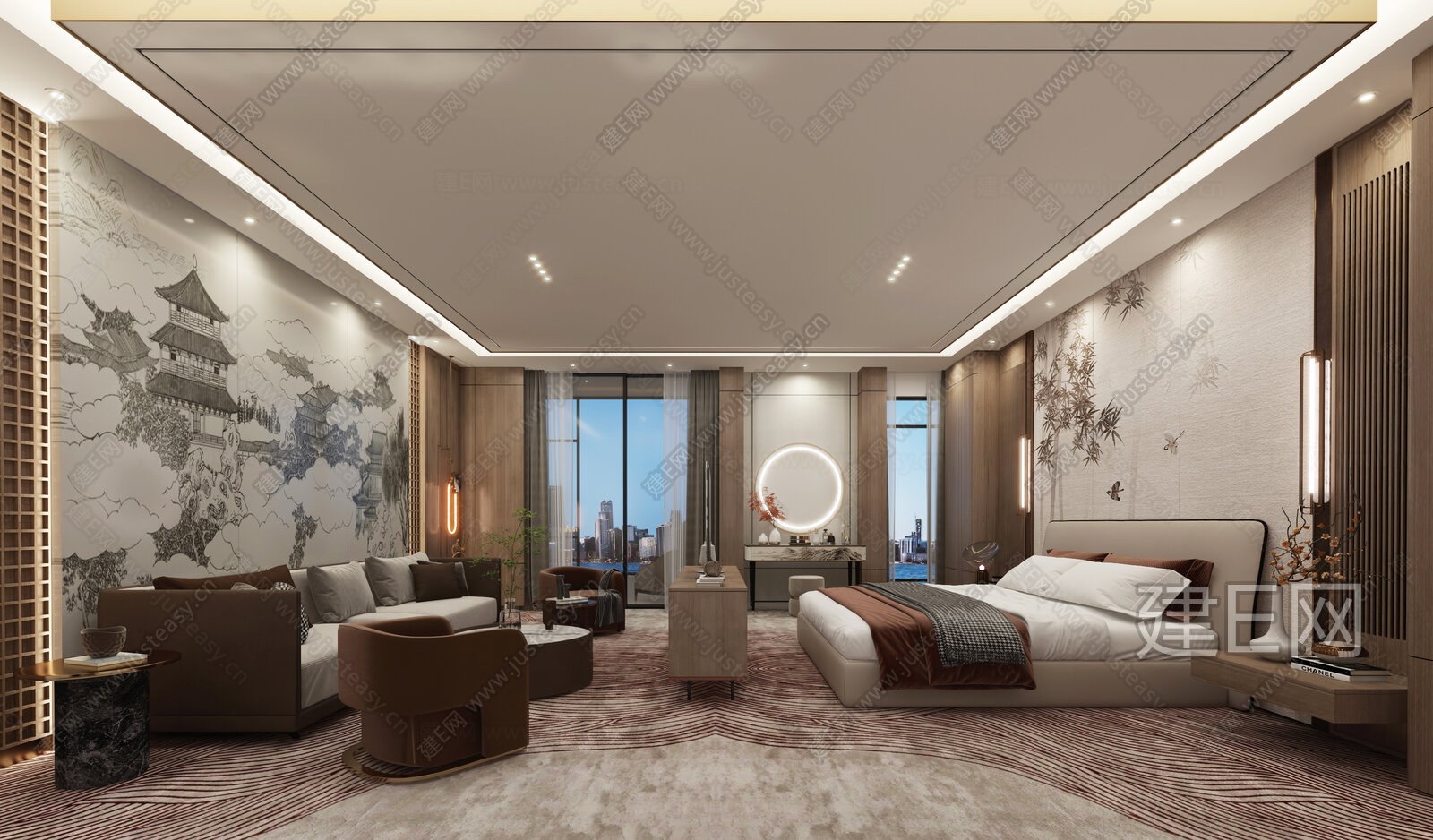 新中式酒店客房3d模型下载[ID:107764167]_建e网3d模型