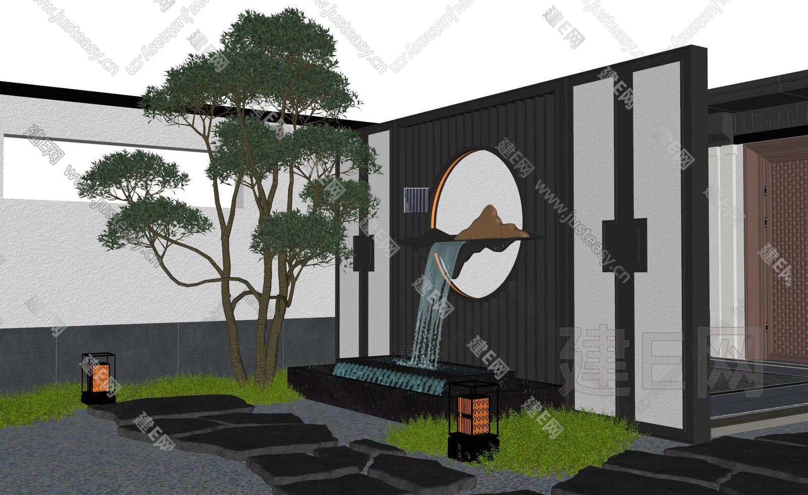 新中式庭院水景墙模型SU模型下载[ID:112021151]_建E室内设计网
