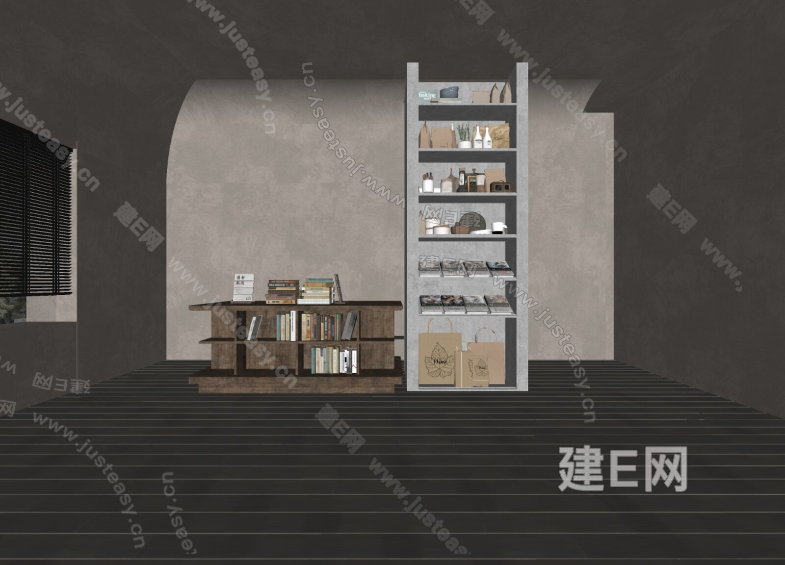 现代图书馆书架模型SU模型下载[ID:112021237]_建E室内设计网