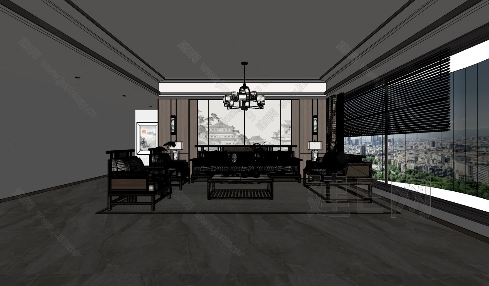 新中式客厅模型SU模型下载[ID:113069682]_建E室内设计网