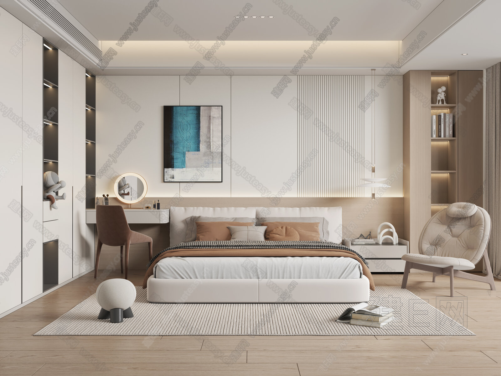 现代奶油风家居卧室3d模型下载[ID:101538244]_建e网3d模型