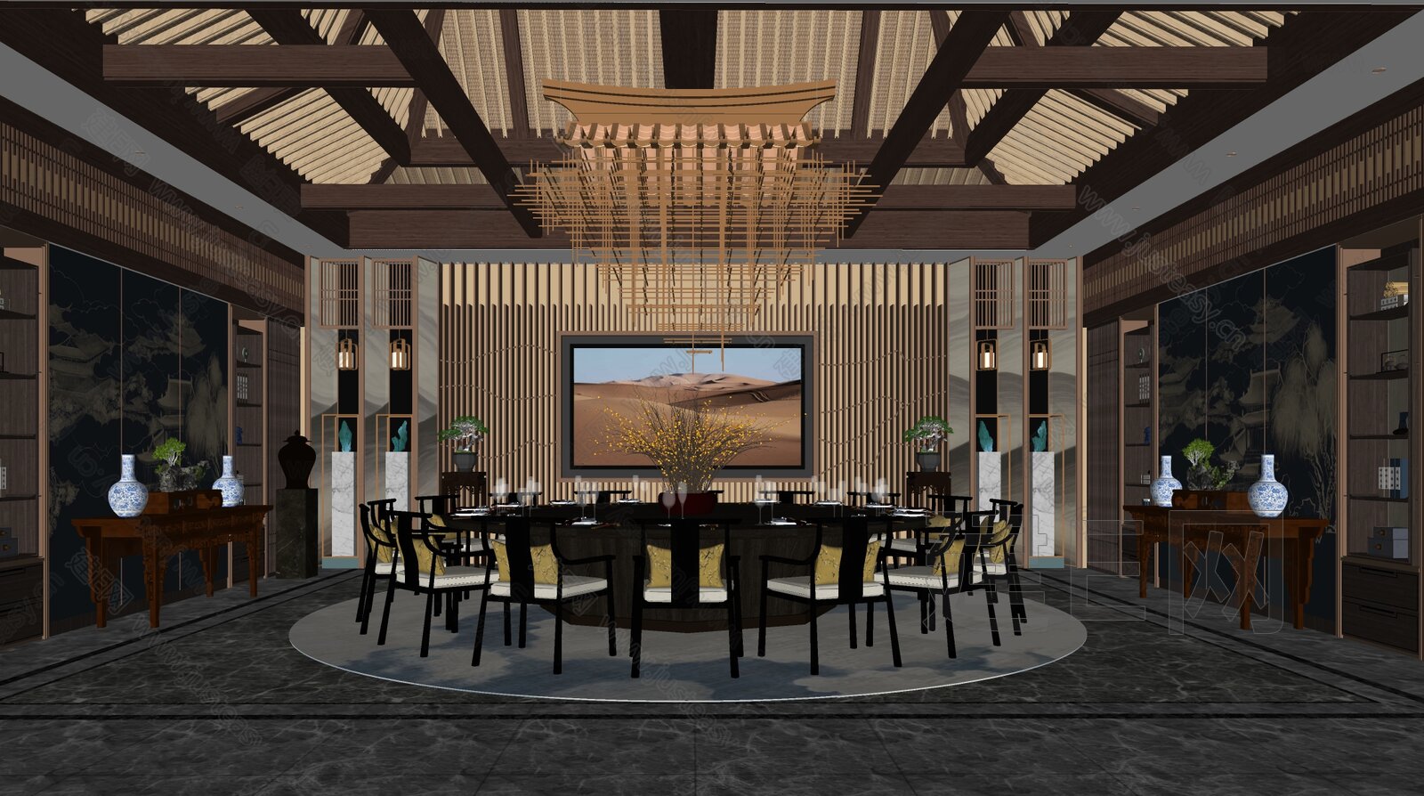 新中式中餐厅大包厢模型SU模型下载[ID:112807467]_建E室内设计网