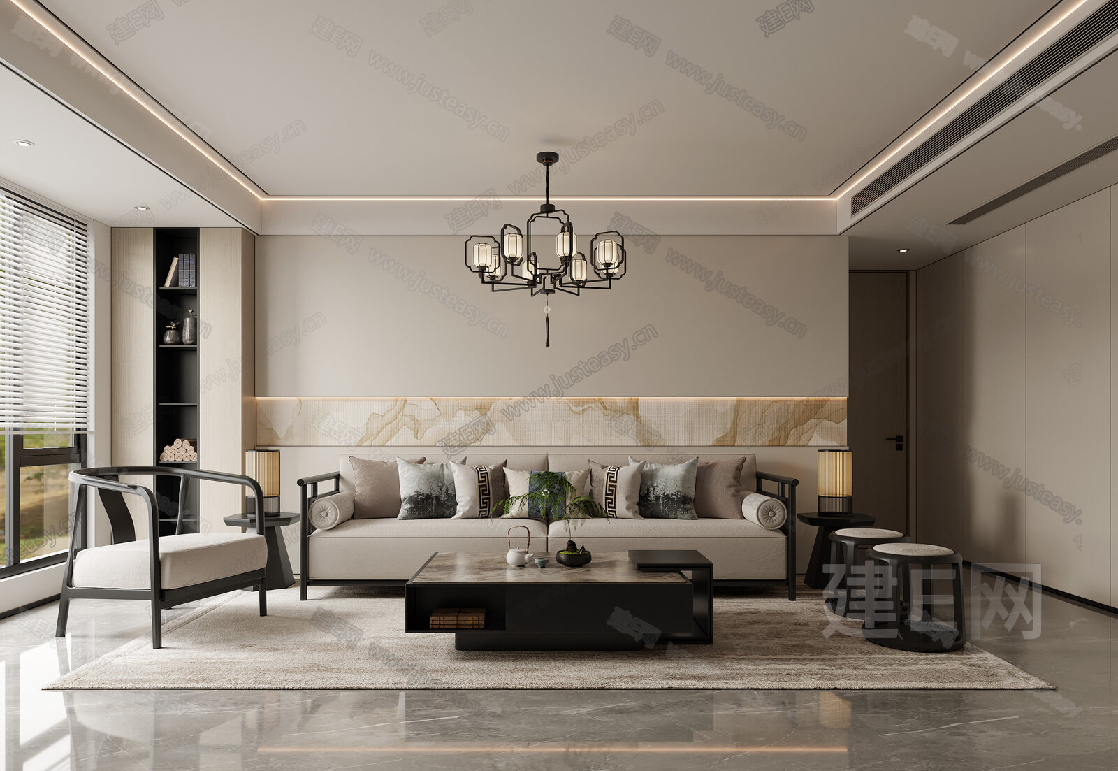 新中式客厅3d模型下载[ID:101669239]_建e网3d模型
