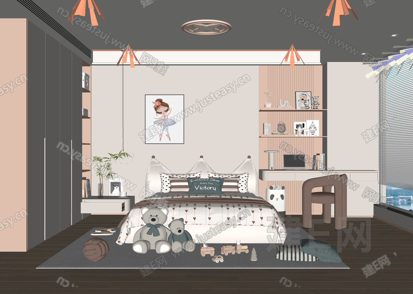 现代女孩儿童房模型SU模型下载[ID:105206038]_建E室内设计网