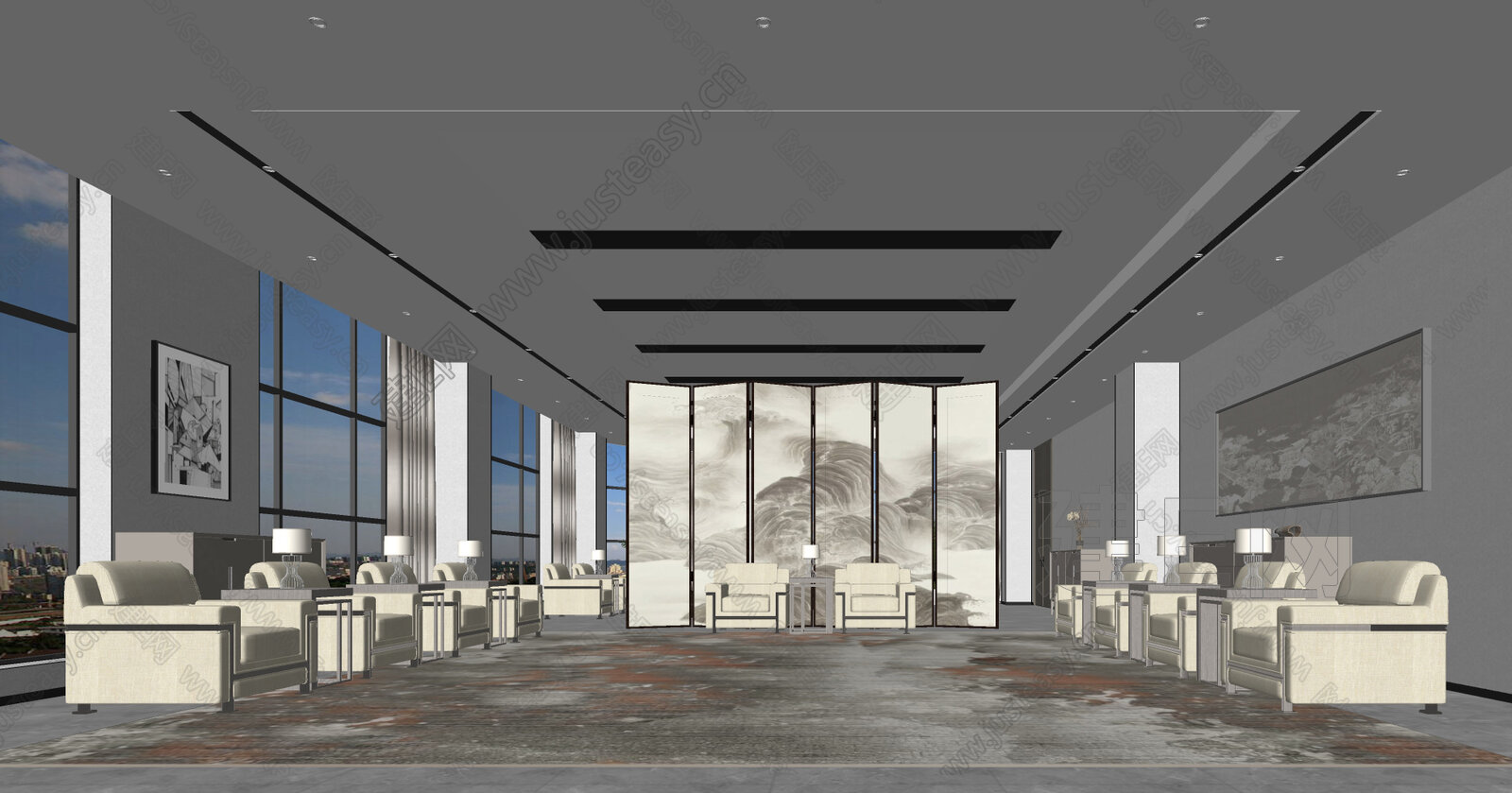 新中式会客厅模型SU模型下载[ID:105140670]_建e网su模型