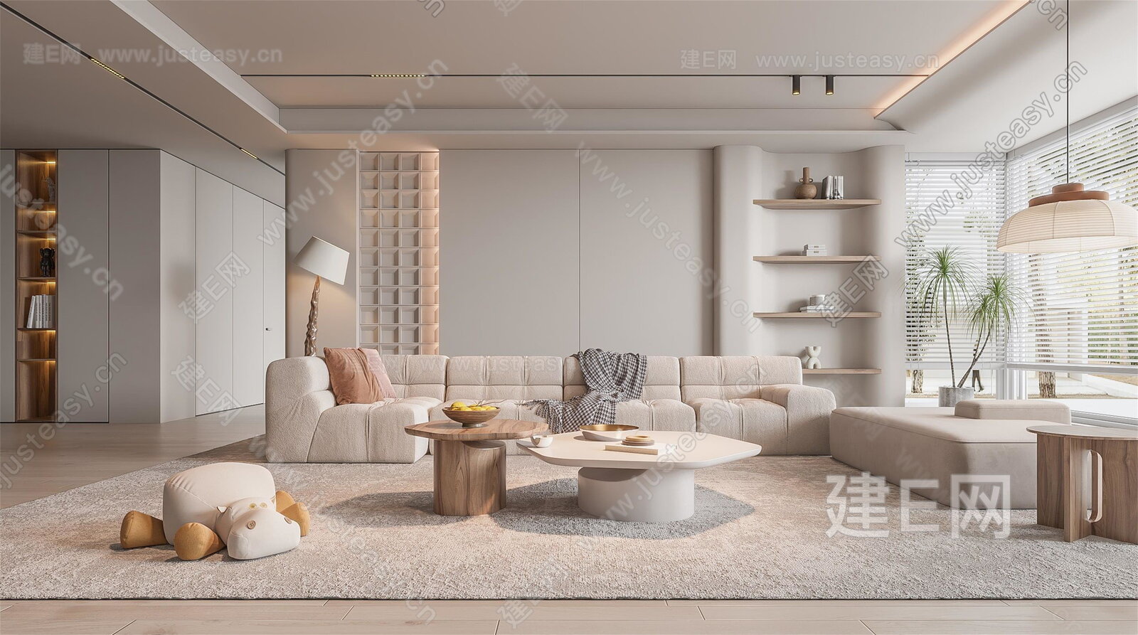 现代奶油风客厅模型SU模型下载[ID:104944039]_建E室内设计网