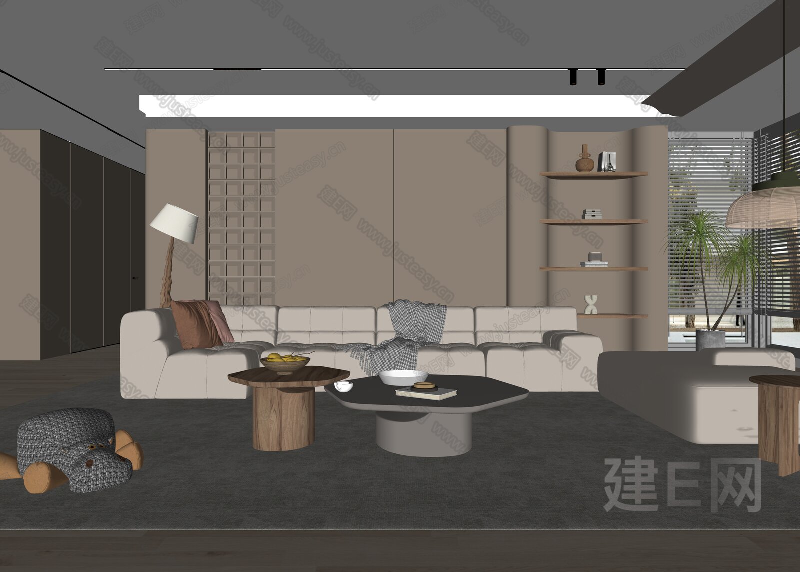 现代奶油风客厅模型SU模型下载[ID:104944039]_建E室内设计网
