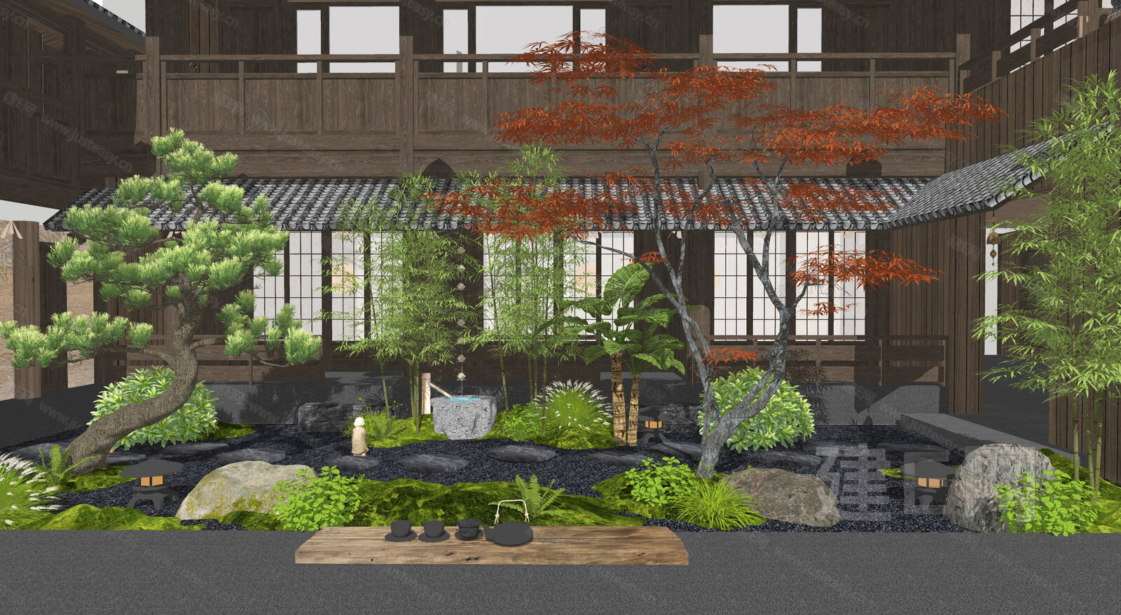 日式禅意庭院景观模型SU模型下载[ID:104878543]_建E室内设计网