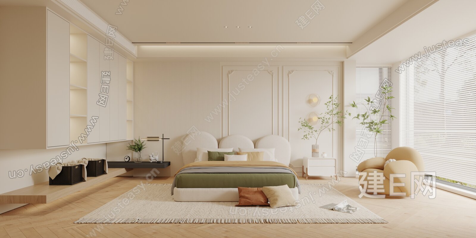现代奶油风卧室模型SU模型下载[ID:105599433]_建E室内设计网
