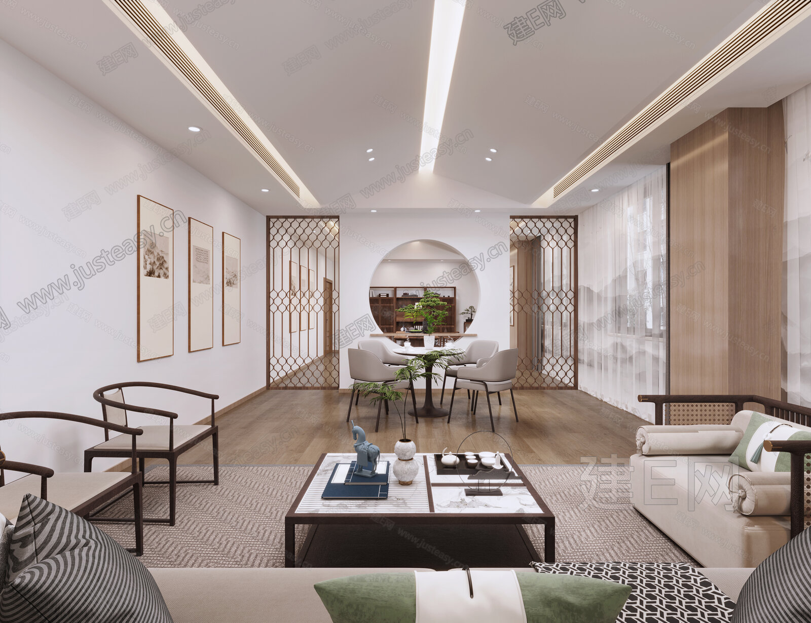 新中式茶室接待室3d模型下载[ID:103045595]_建e网3d模型